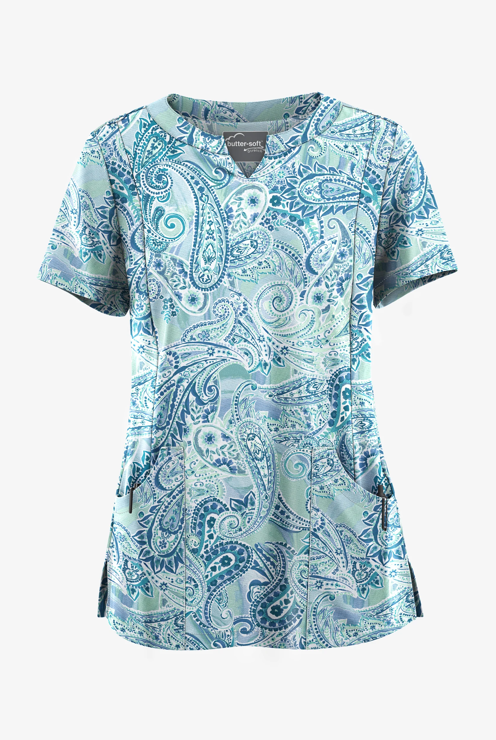 Butter-Soft STRETCH Paisley Romance Watermint Women’s 4-Pocket Notch-Neck Print Scrub Top