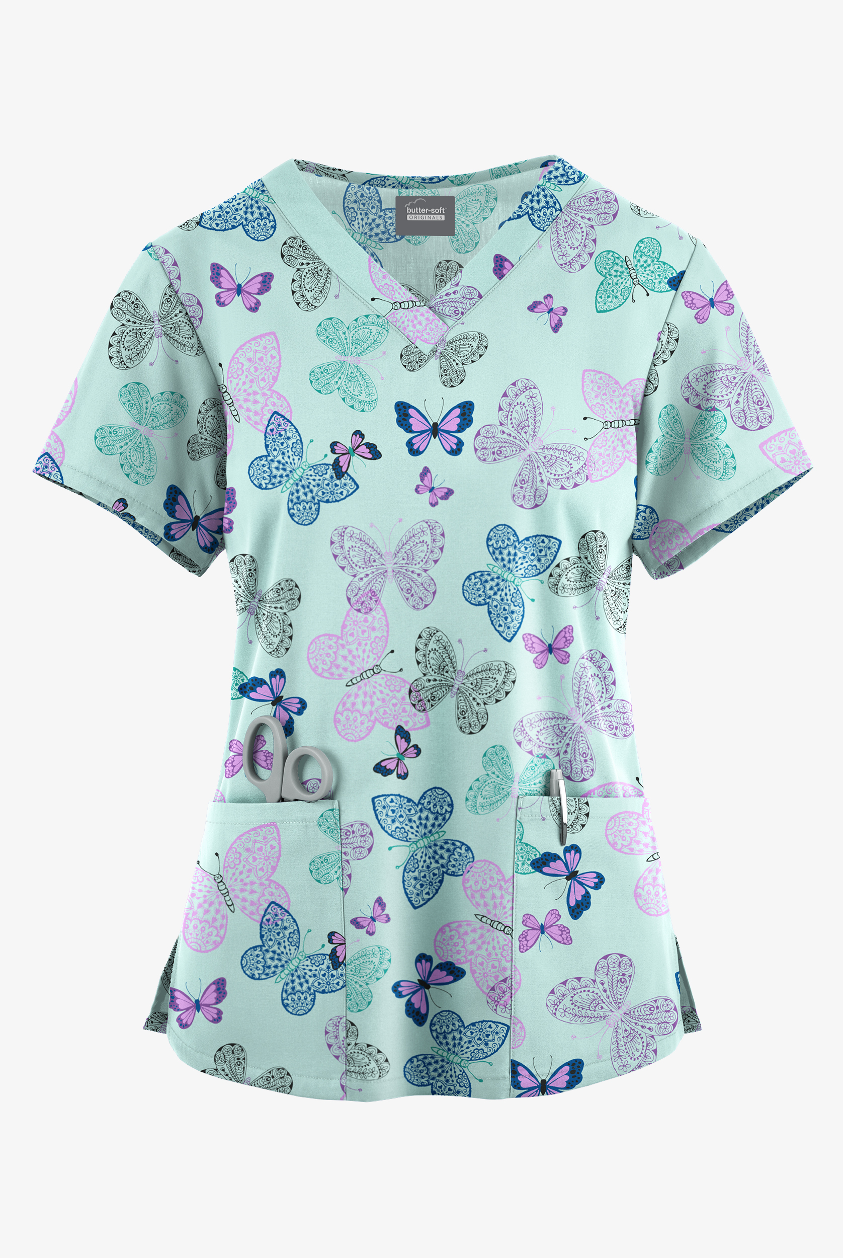 Butter-Soft Originals Blissful Butterfly Sea Frost Women's 4-Pocket Rounded V-Neck Print Scrub Top