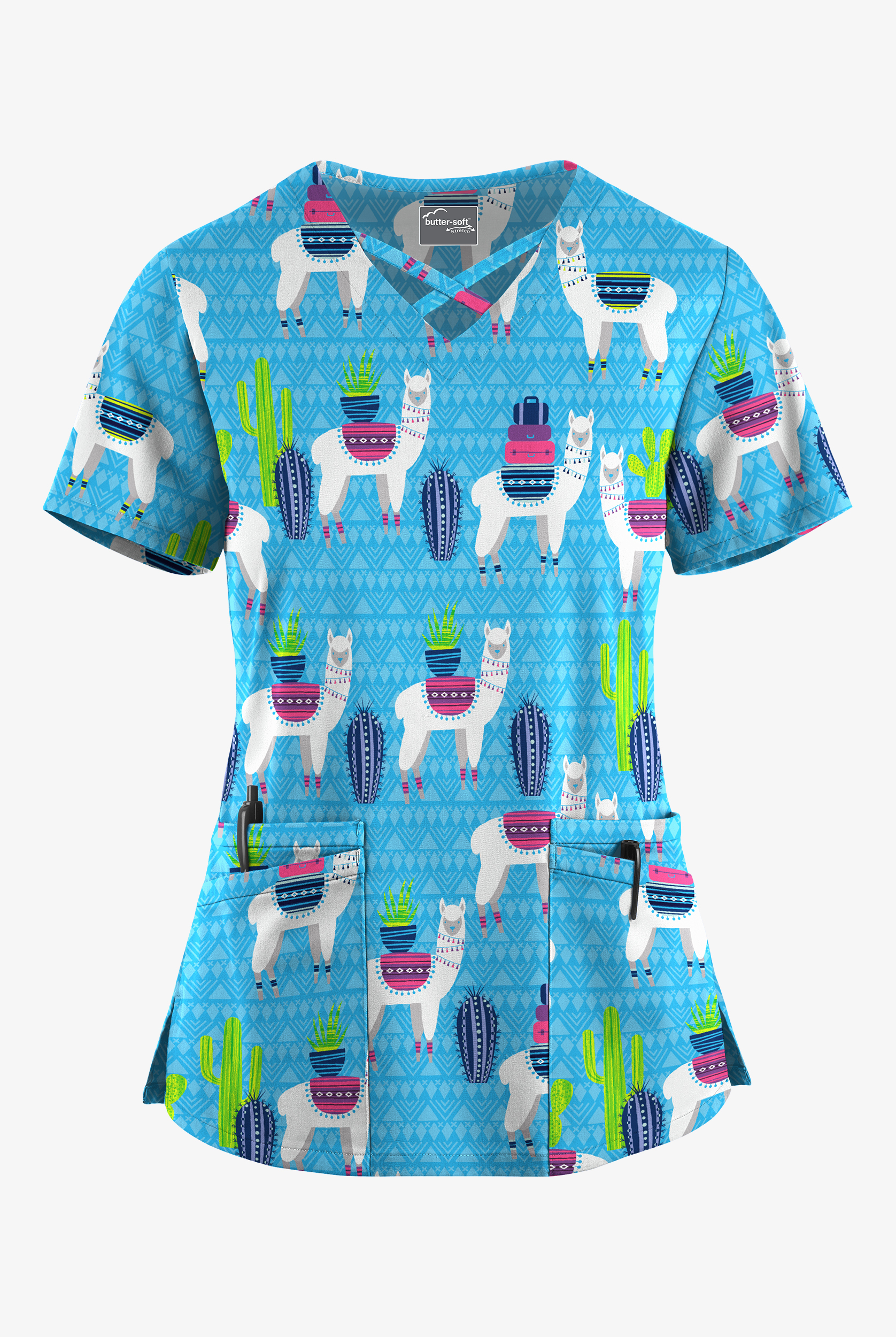 Butter-Soft STRETCH Llama Vacation Turquoise Women's 4-Pocket Crisscross Print Scrub Top