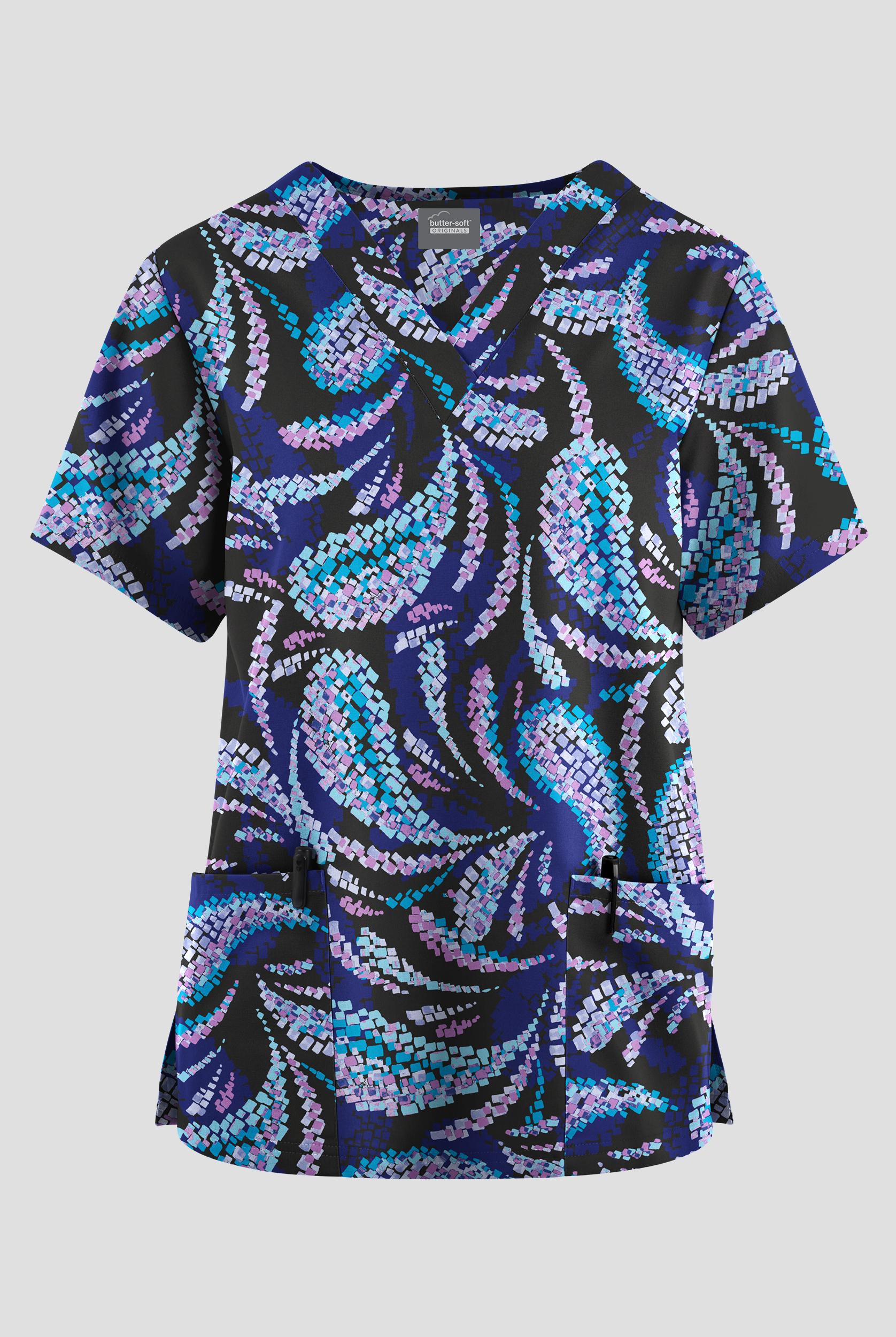 Butter-Soft Originals Matrix Paisley Navy Women's 2-Pocket V-Neck Print Scrub Top