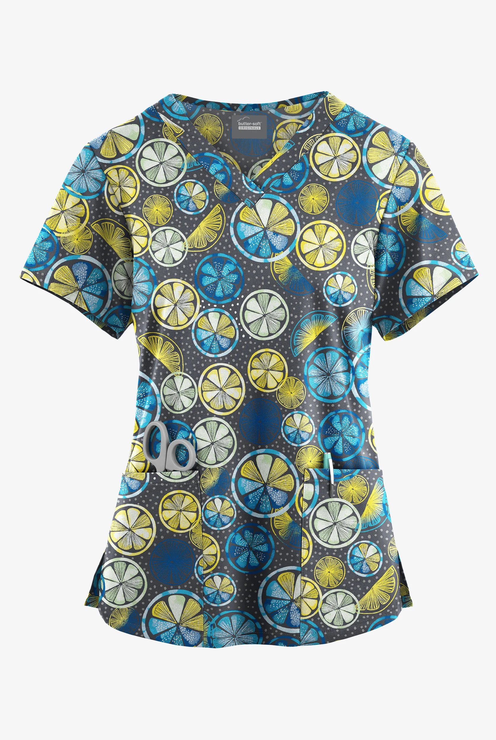 Blusa m&eacute;dica estampada Butter-Soft Originals Citrus Slice Pewter con cuello en V redondeado y 4 bolsillos para mujer