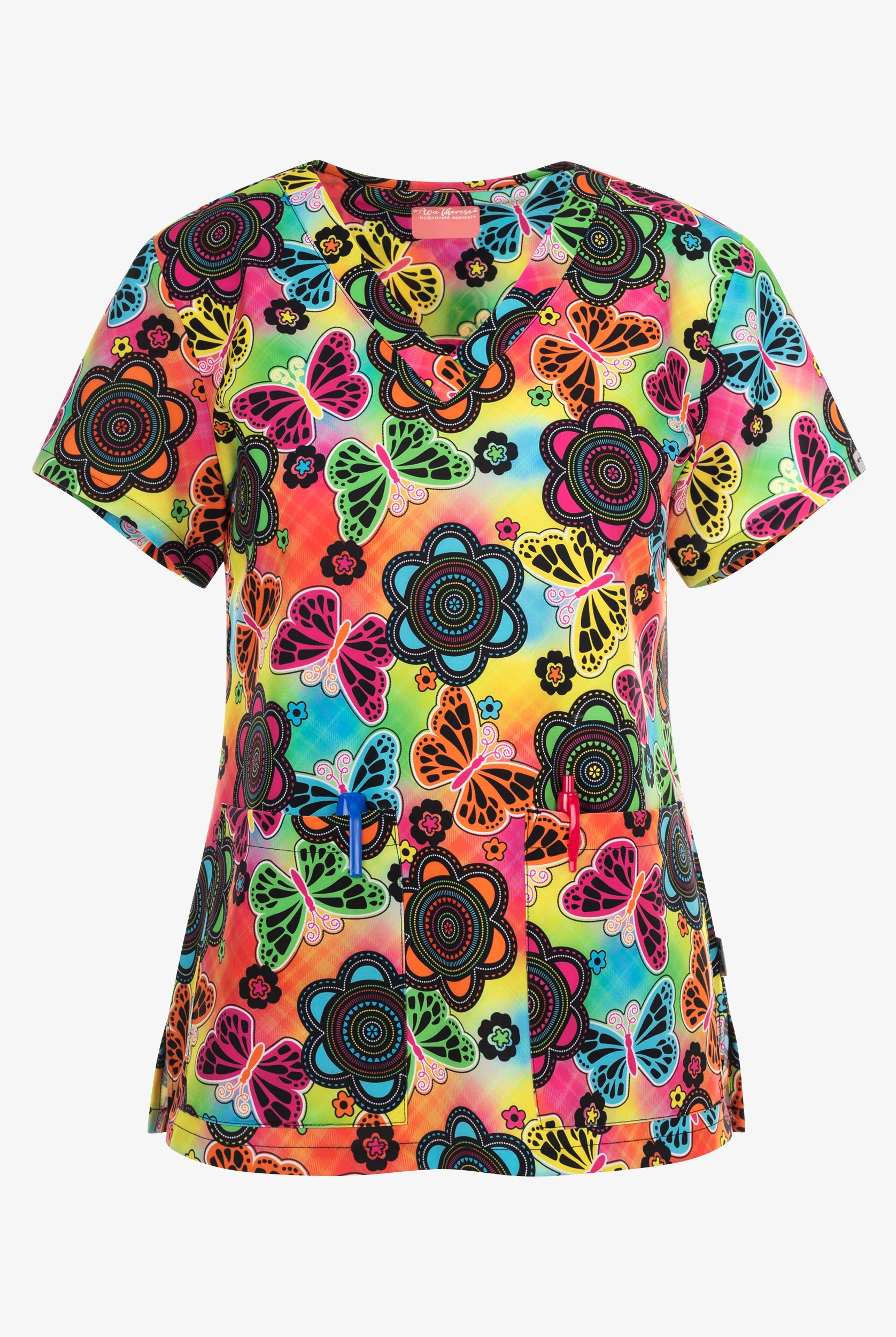 Zavate Ava Therese Butterfly Bloom Women's 2-Pocket STRETCH V-Neck Print Scrub Top