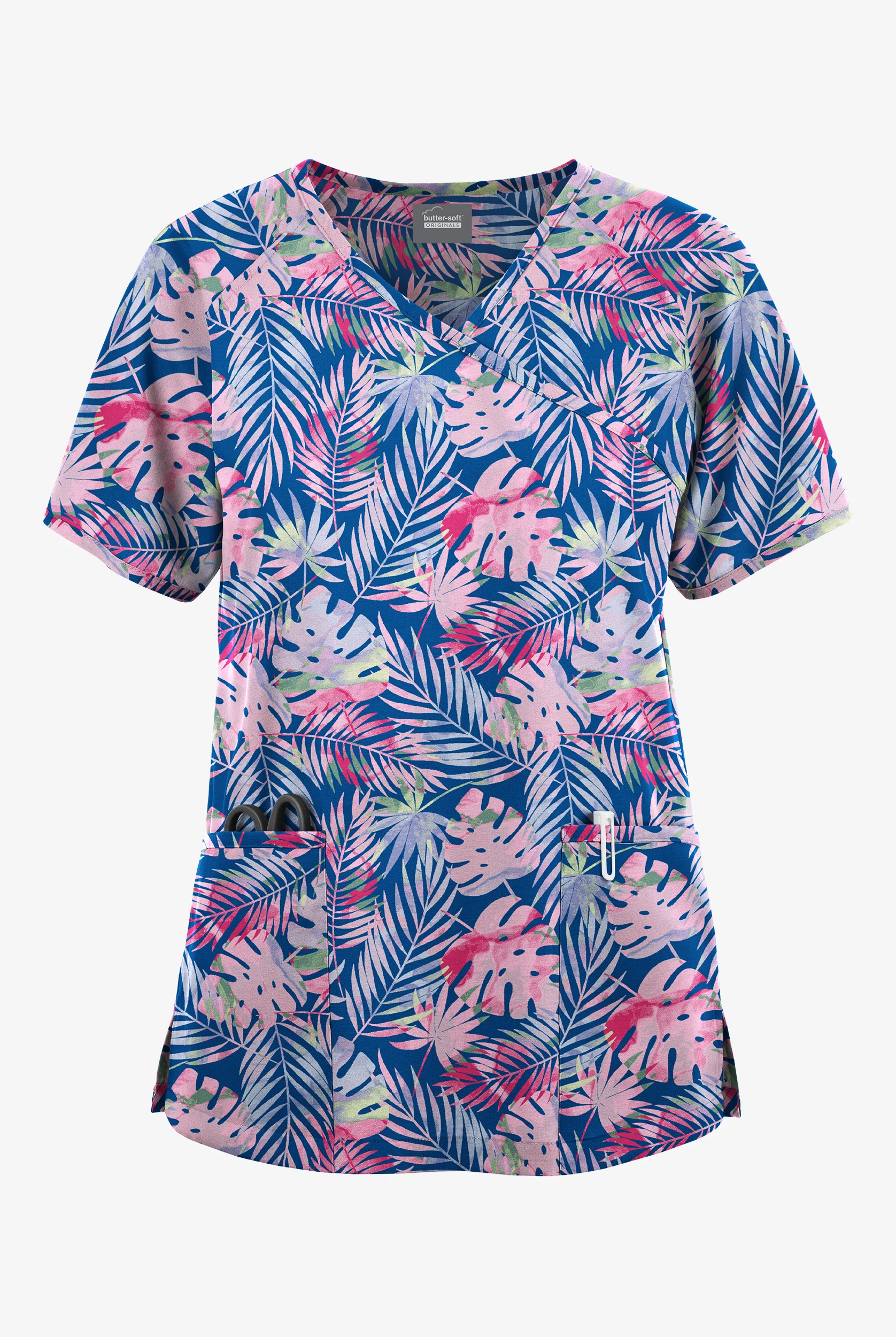 Butter-Soft Originals Tropical Garden Women's 3-Pocket Raglan Sleeve Mock Wrap Print Scrub Top