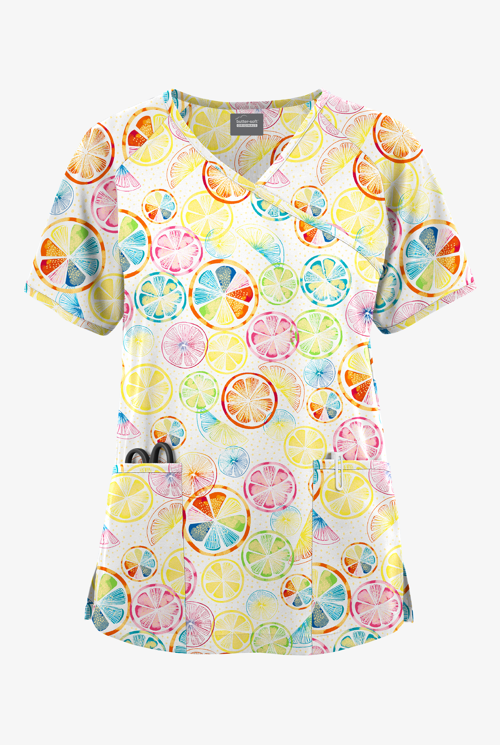 Butter-Soft Originals Citrus Slice Women's 3-Pocket Raglan Sleeve Mock Wrap Print Scrub Top
