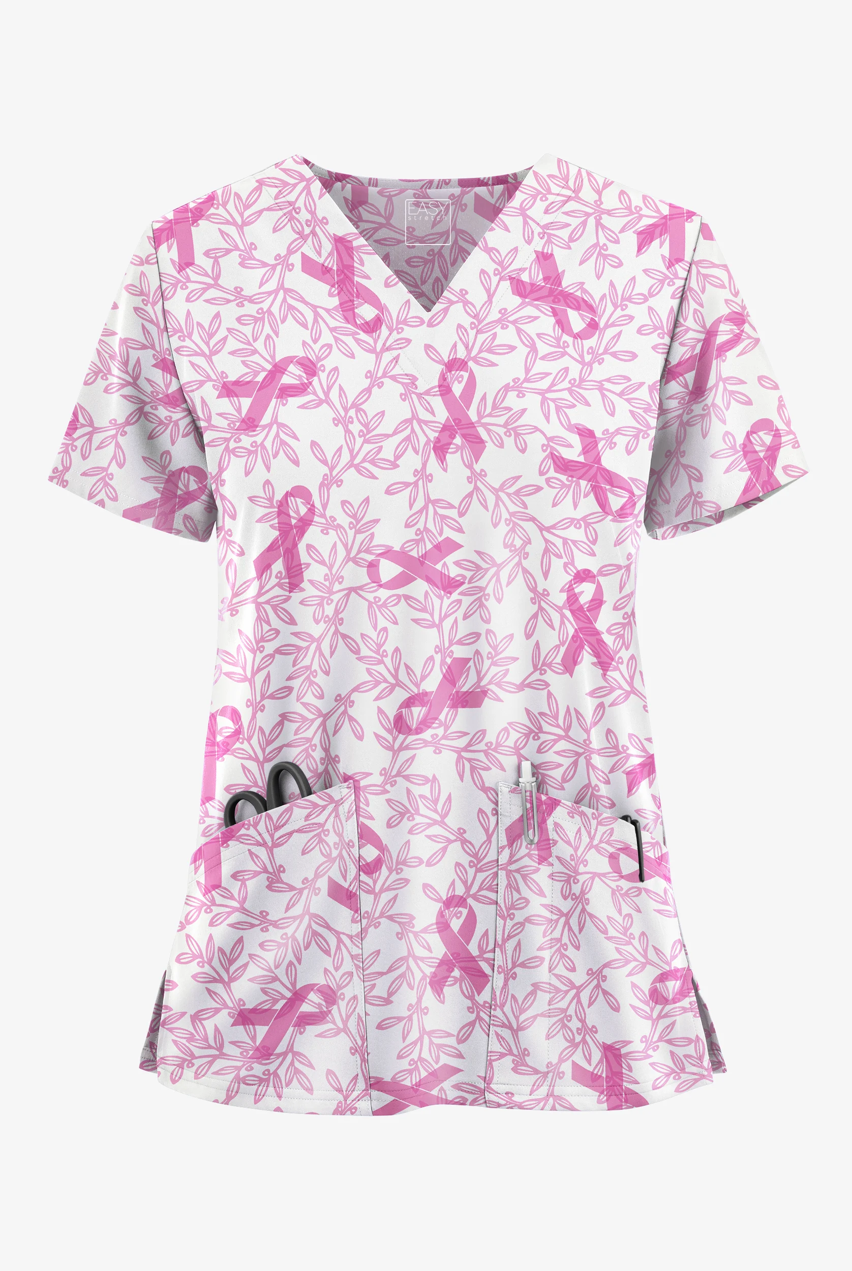 Easy STRETCH Hope Blossoms Women's V-Neck 2 Pocket Printed Scrub Top