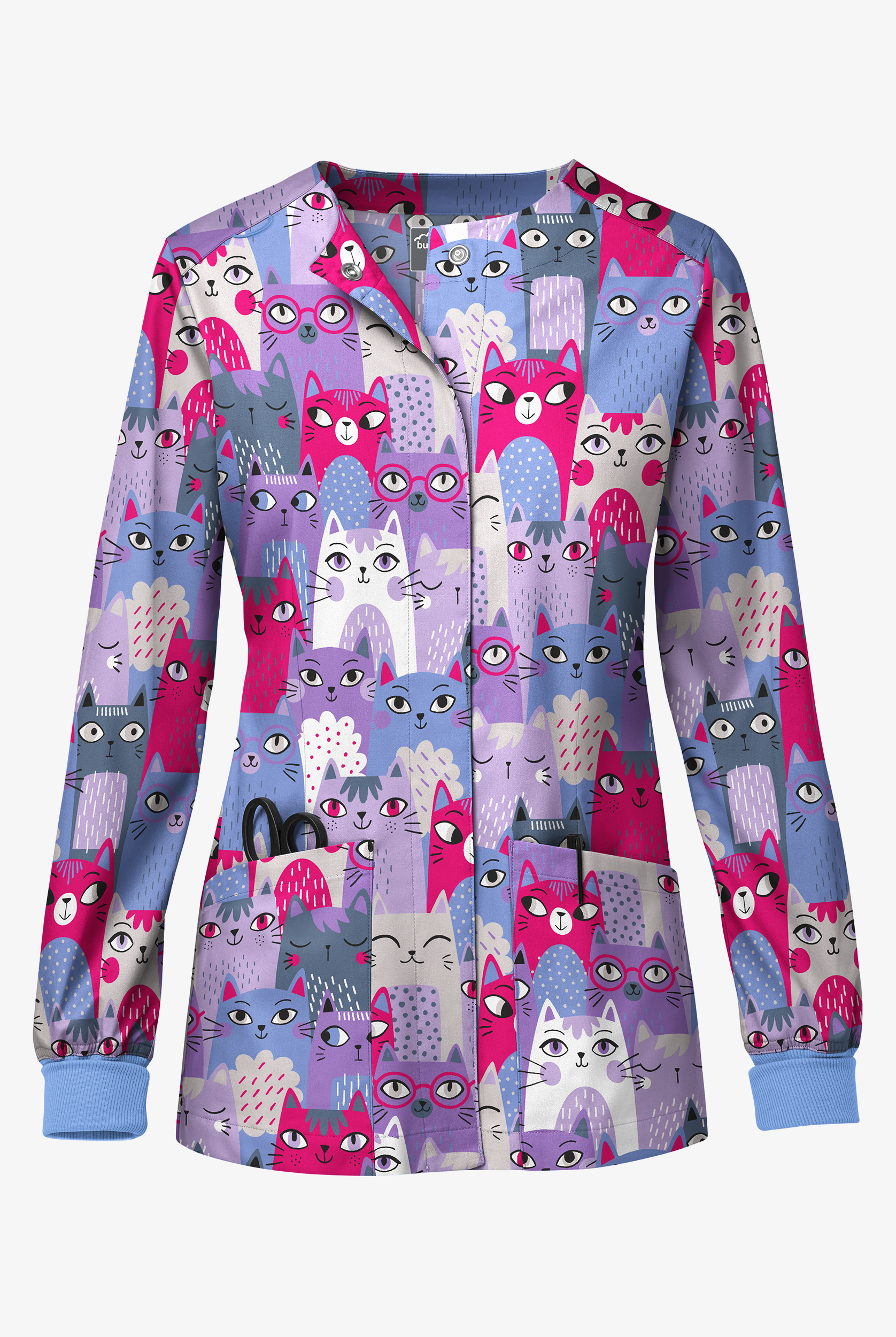 Chaqueta médica estampada Butter-Soft STRETCH Party Time Ultraviolet Light con 3 bolsillos y botones a presión para mujer