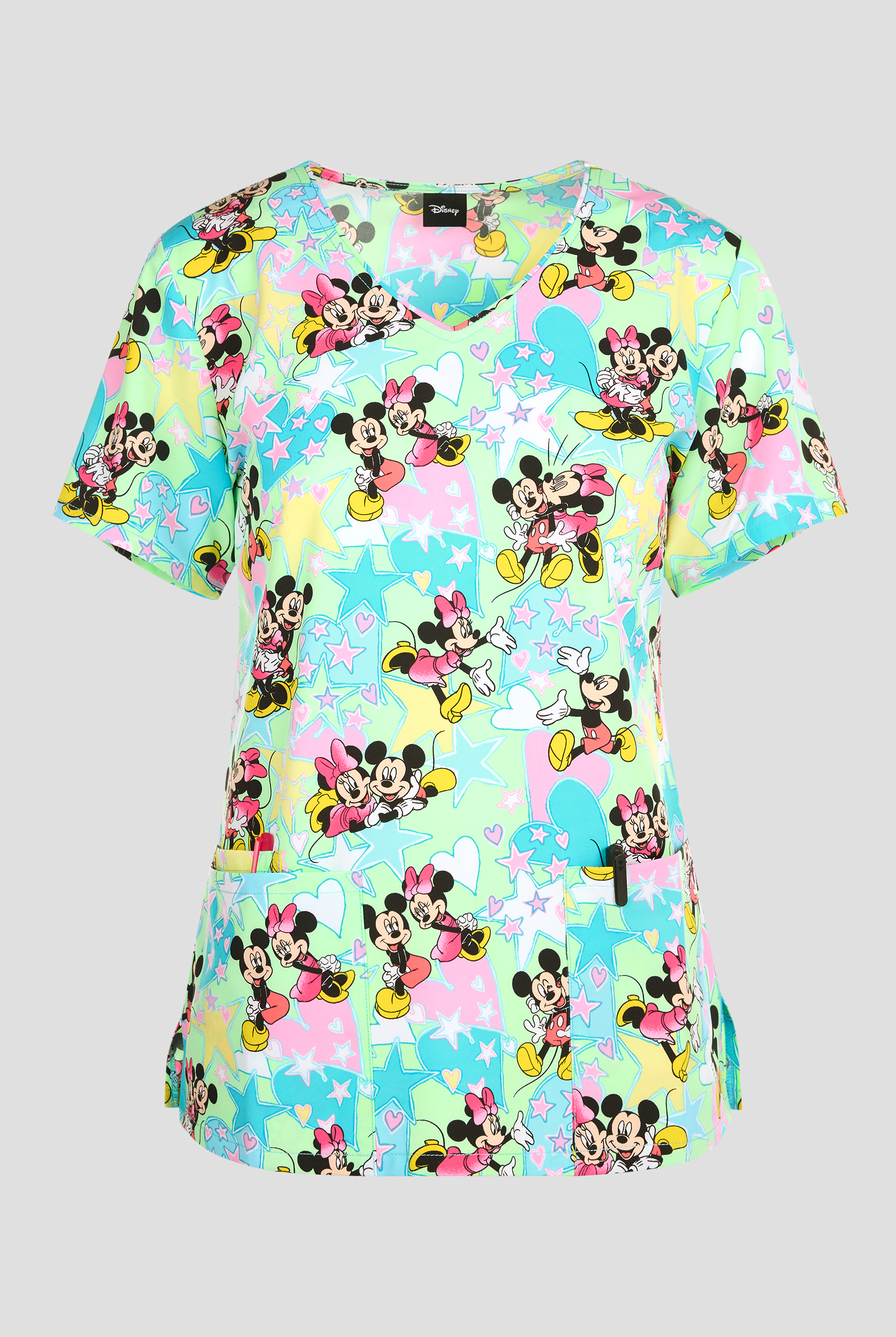 Tooniforms Disney's Mickey Love And Magic Women's 3-Pocket STRETCH V-Neck Print Scrub Top