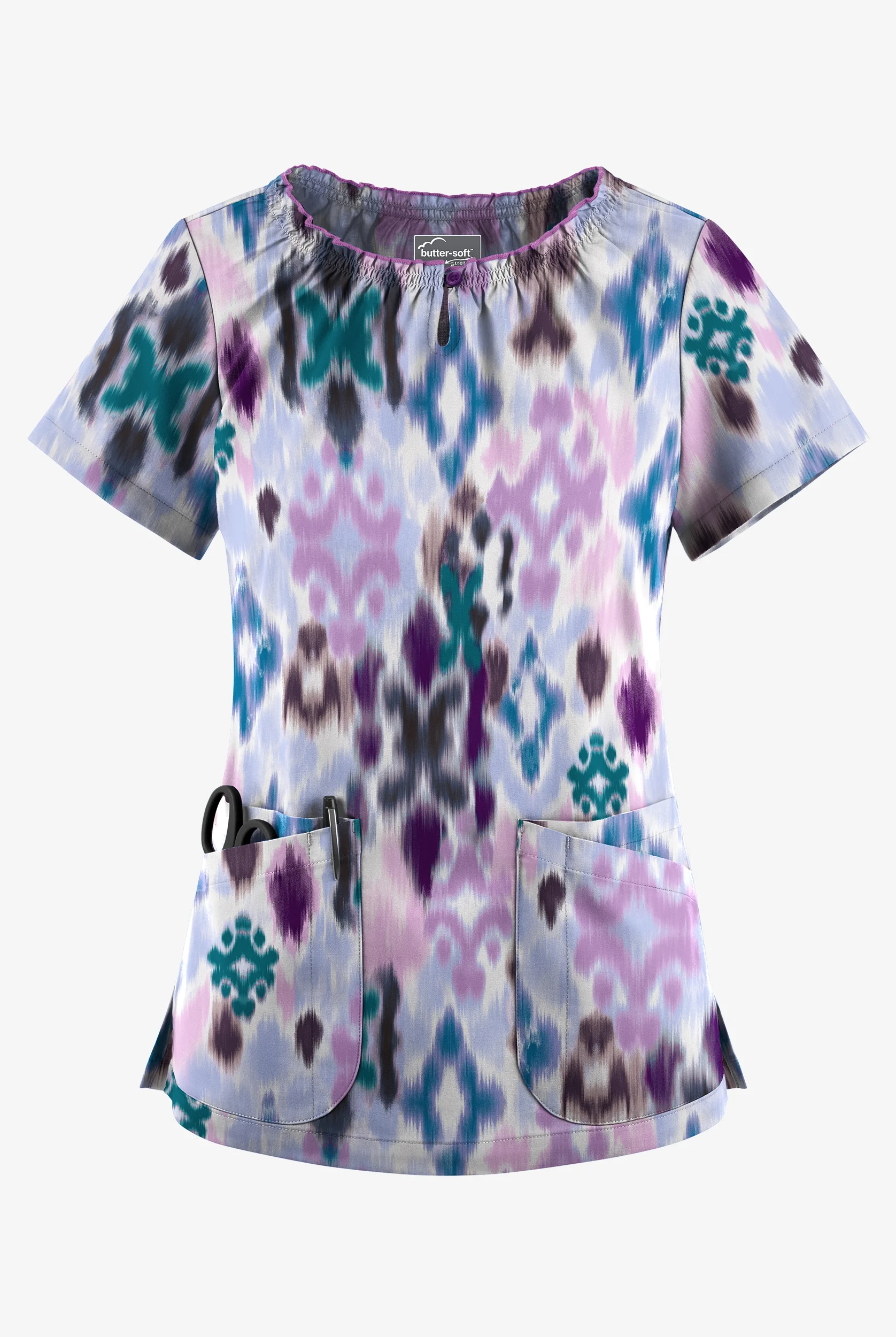 Butter-Soft STRETCH Varna Ikat Orchid Women's 6-Pocket Peasant Style Print Scrub Top