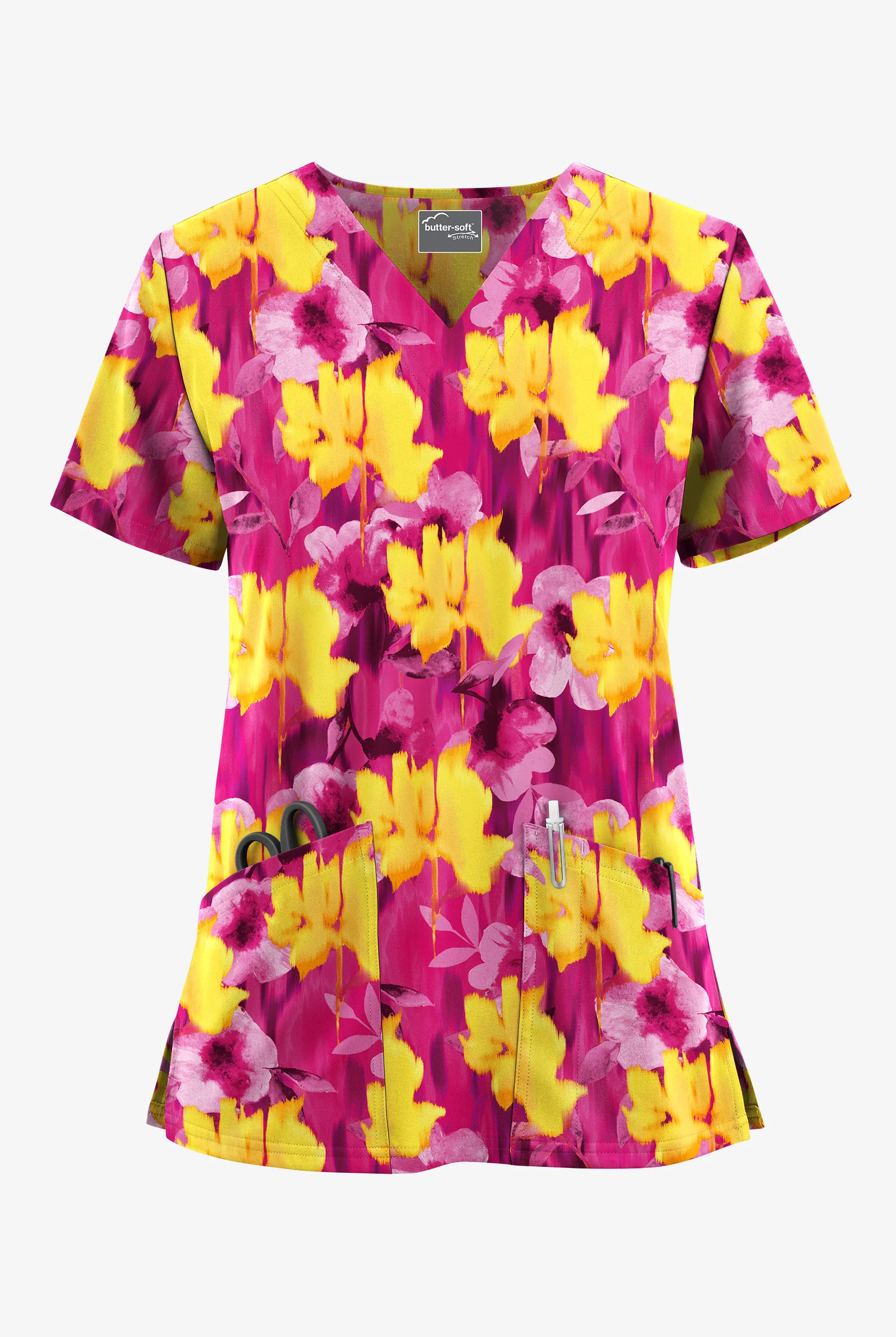 Butter-Soft STRETCH Valencia Ikat Fuchsia Women's 2-Pocket V-Neck Print Scrub Top