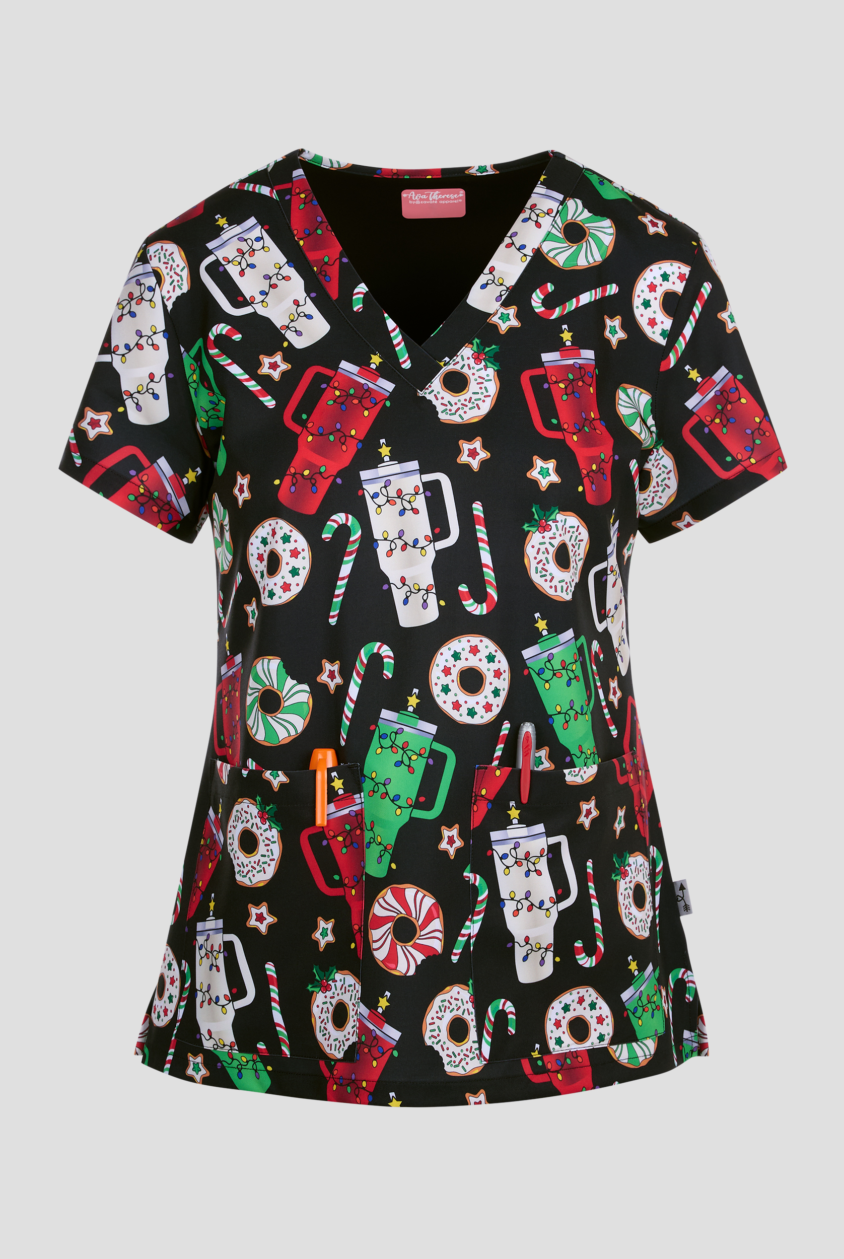 Zavate Ava Therese Sip And Eat Women's 2-Pocket STRETCH V-Neck Print Scrub Top