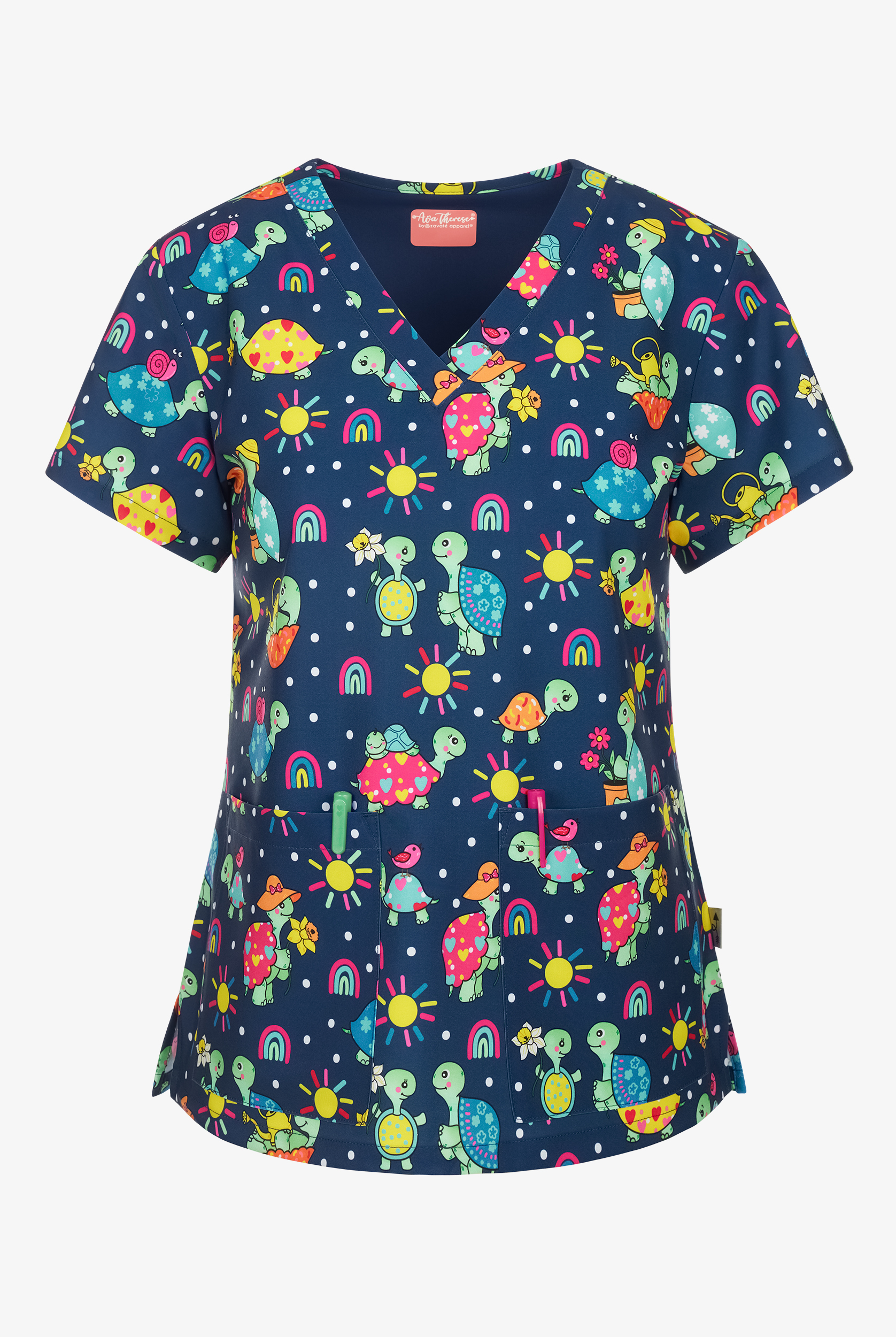 Zavate Ava Therese Chillin' Turtles Women's 2-Pocket STRETCH V-Neck Print Scrub Top