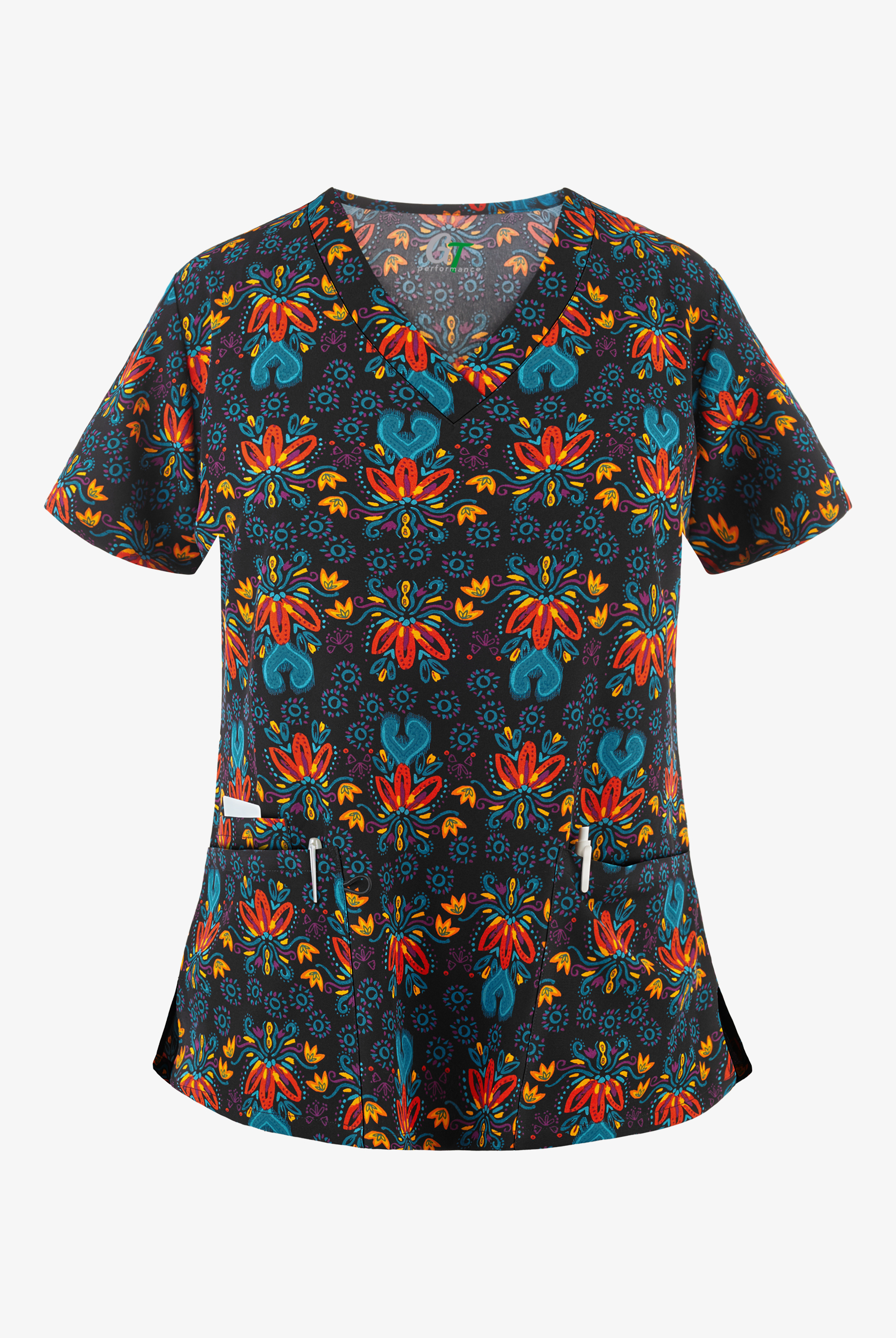 Green Town Ethnic Floral Women's 3-Pocket V-Neck Print Scrub Top