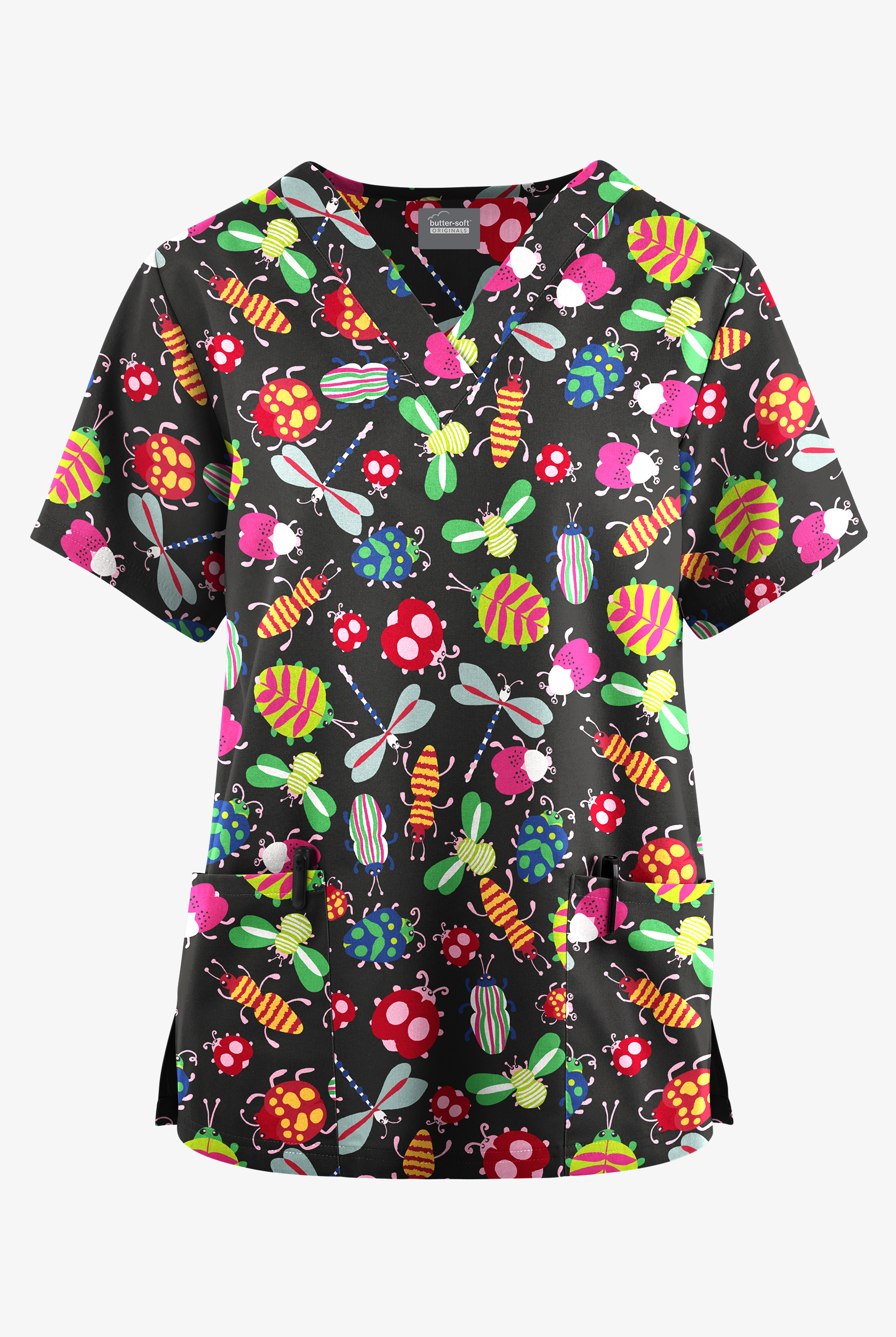 Butter-Soft Originals Happy Bugs Black Women's 2-Pocket V-Neck Print Scrub Top