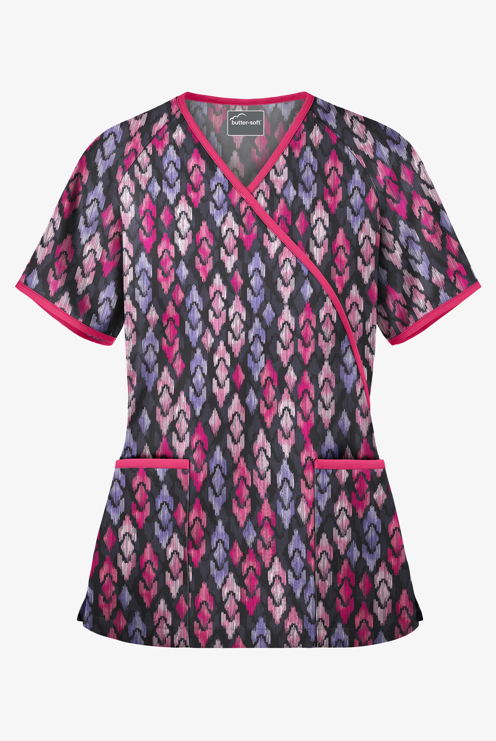 Butter-Soft Royal Ikat Women's 2-Pocket Mock Wrap Print Scrub Top