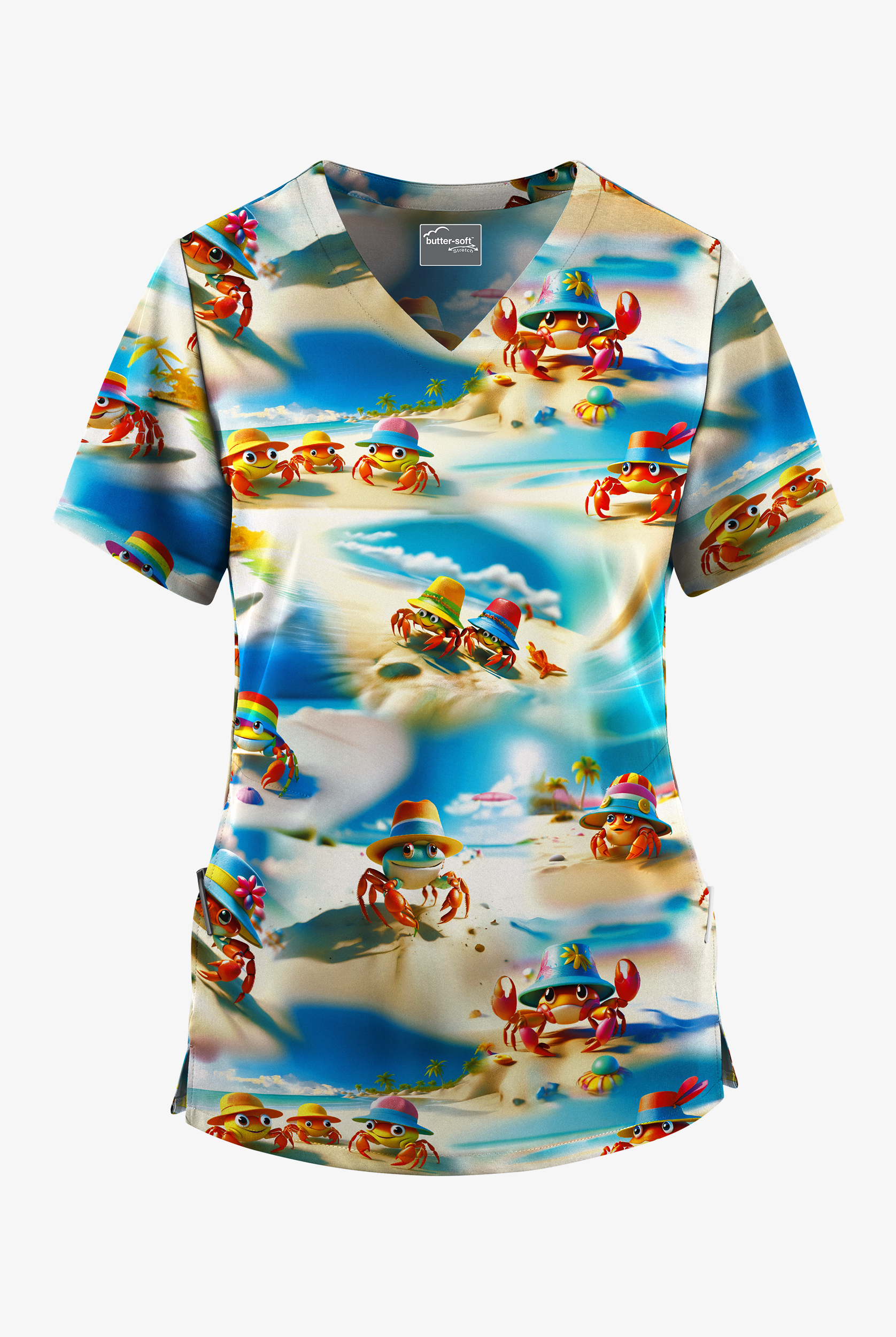 Butter-Soft STRETCH Beach Hat Vibes Golden Sand Women's V-Neck Print Scrub Top