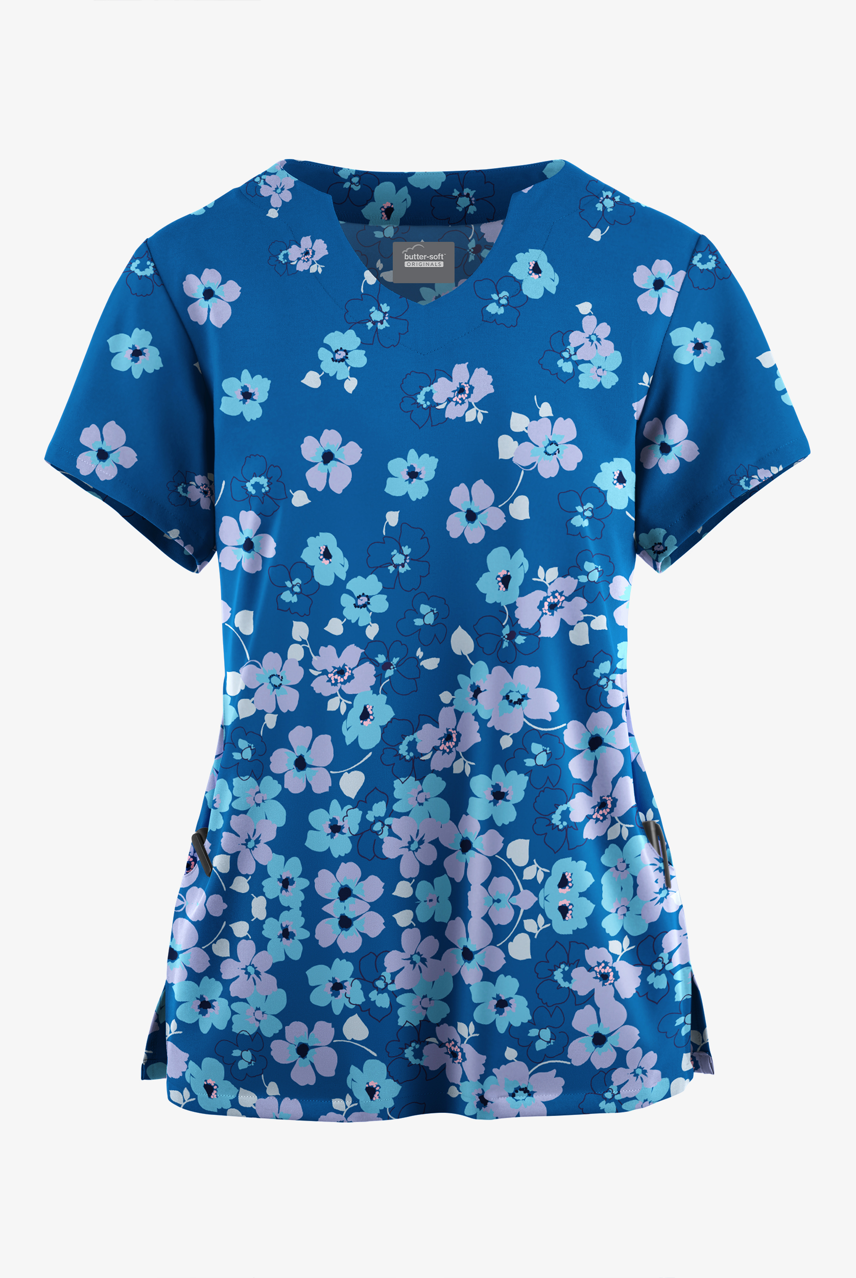 Butter-Soft Originals Boho Floral Royal Women's 2-Pocket Scallop Neck Print Scrub Top