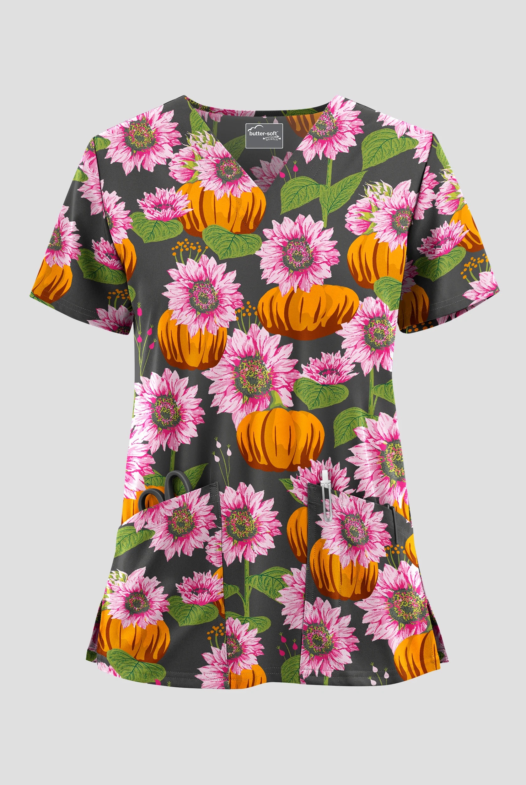 Butter-Soft STRETCH Sunflower Harvest Pewter Women's 2-Pocket V-Neck Print Scrub Top