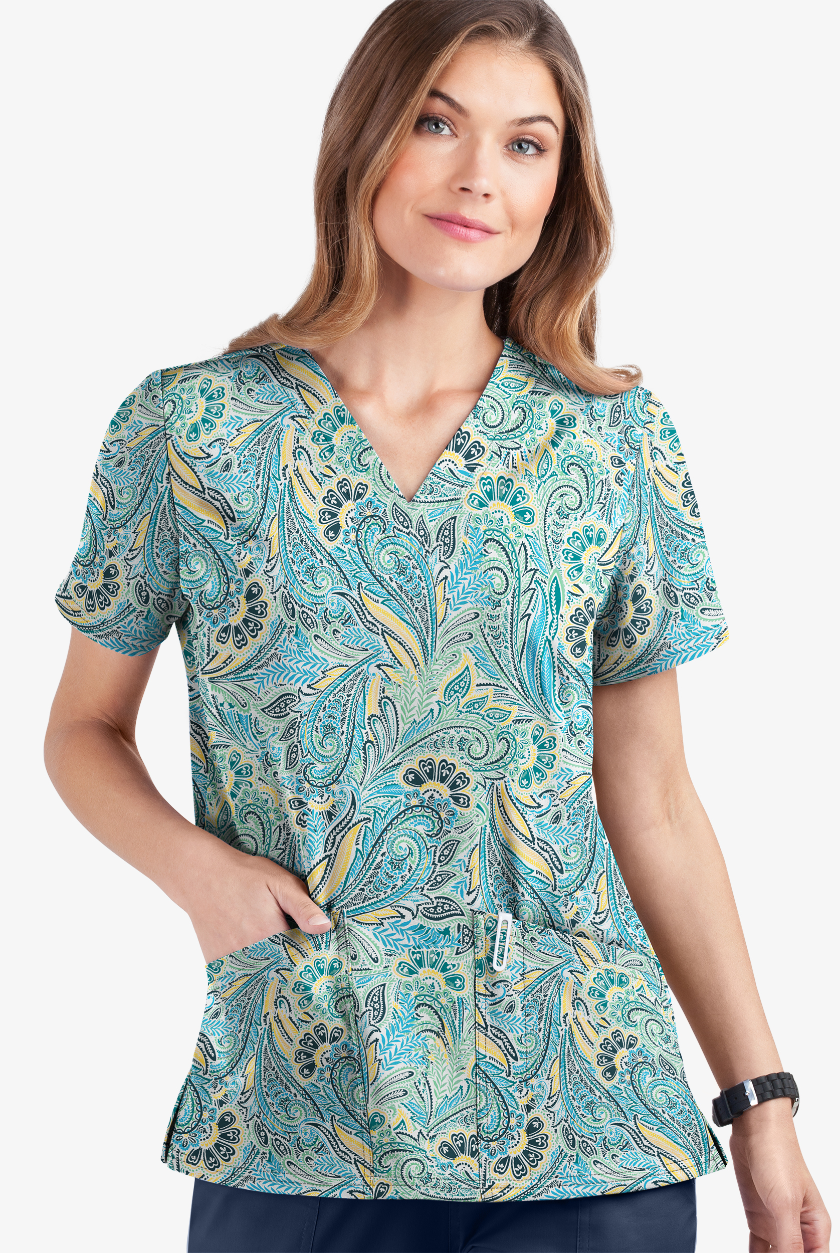 Butter-Soft STRETCH  White Vienna Paisley Women's 2-Pocket V-Neck Print Scrub Top