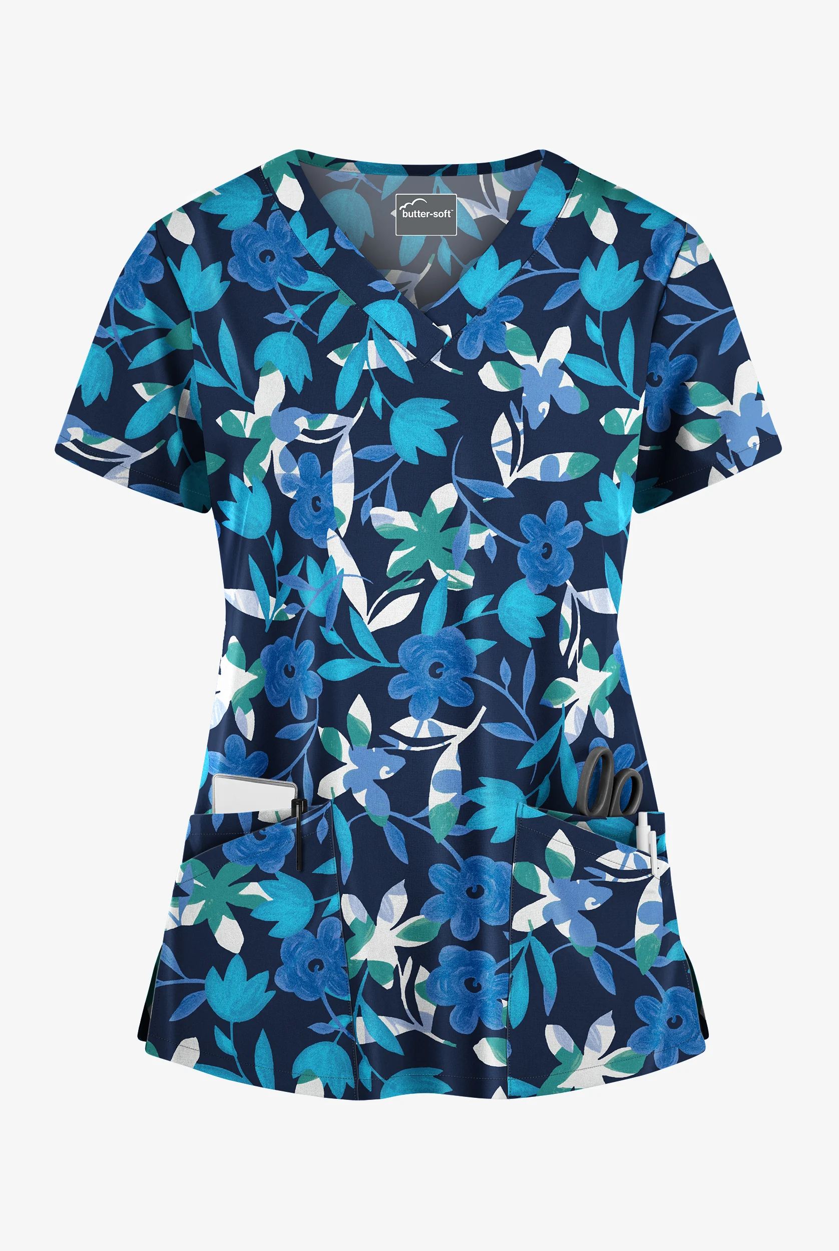 Butter-Soft Matisse Floral Navy Women's 4-Pocket Rounded V-Neck Print Scrub Top