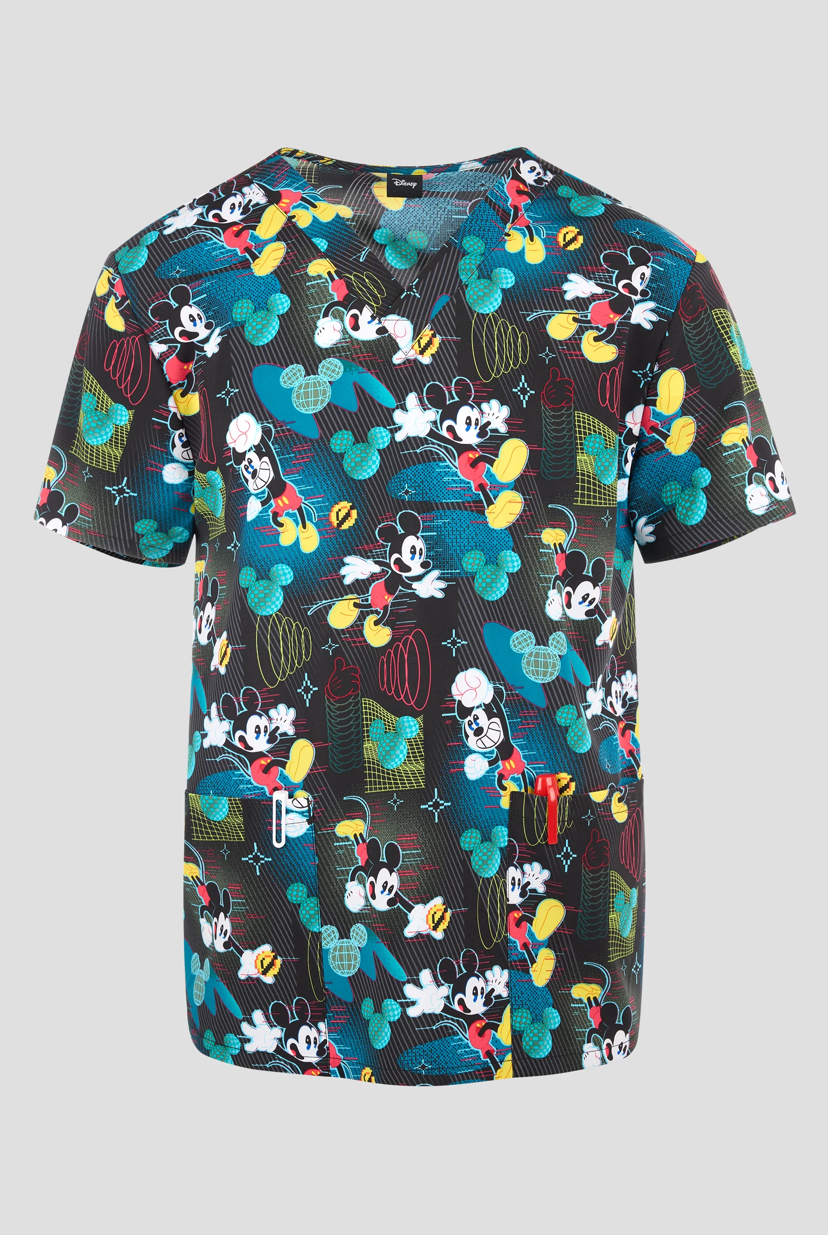 Tooniforms Disney's Digital Mickey Men's 2-Pocket STRETCH V-Neck Print Scrub Top