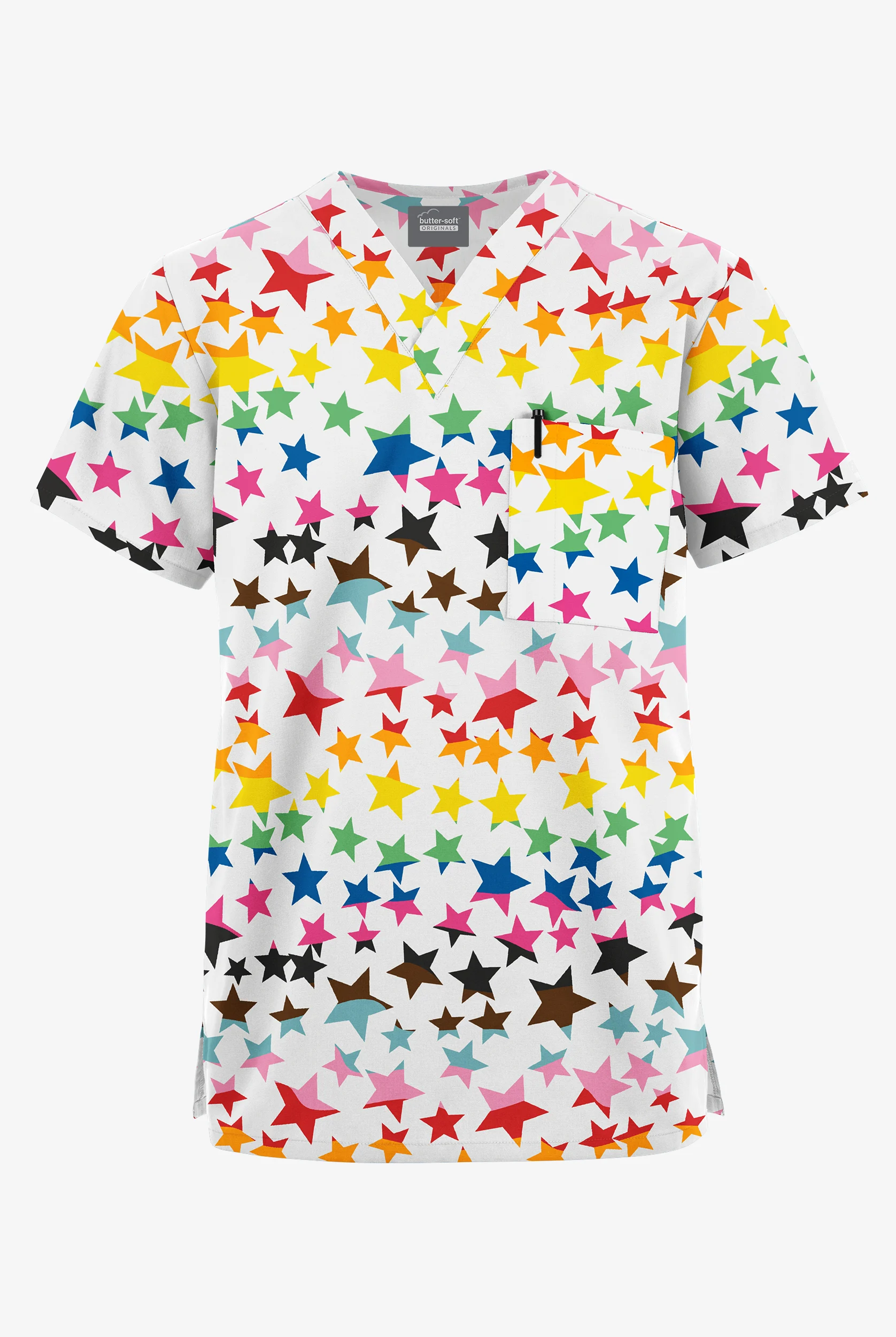 Butter-Soft Originals Happy Stars Unisex 2-Pocket V-Neck Print Scrub Top
