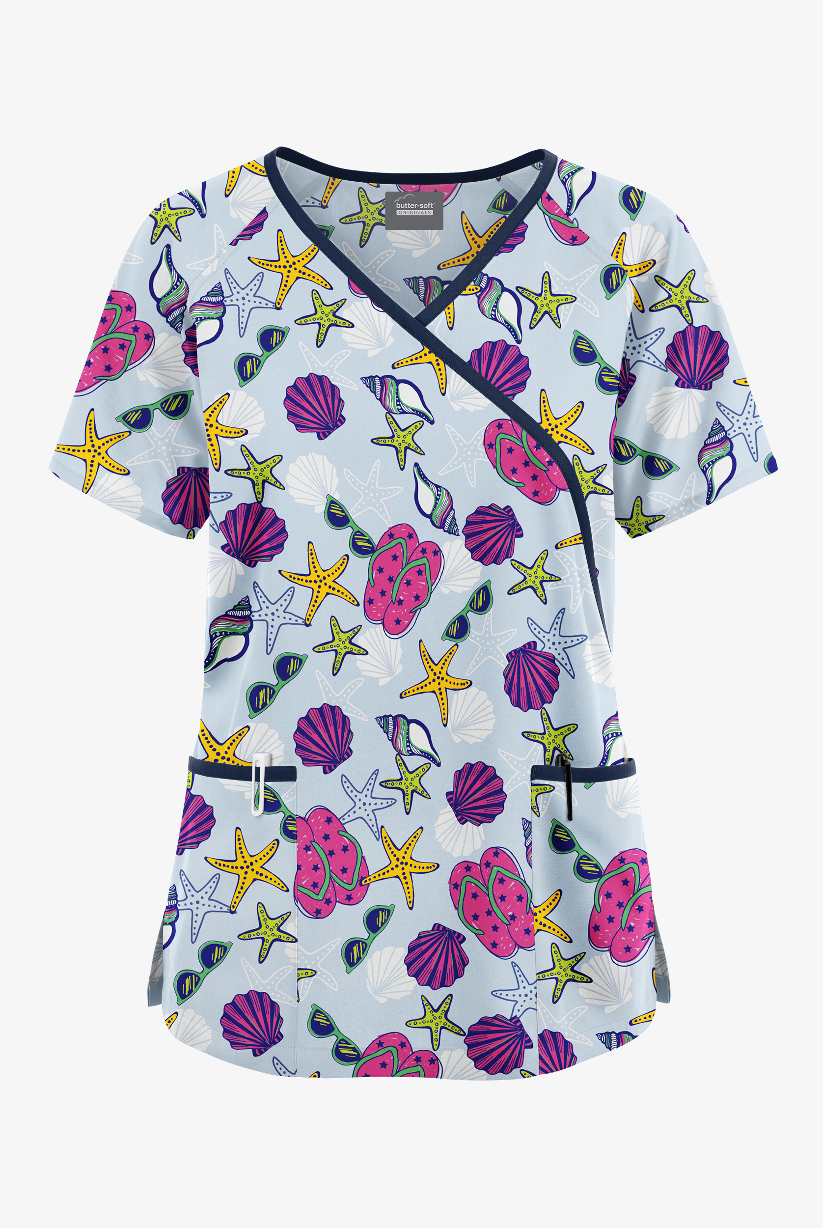 Butter-Soft Originals Walk On The Beach Dew Women's 3-Pocket Mock Wrap with Ties Print Scrub Top