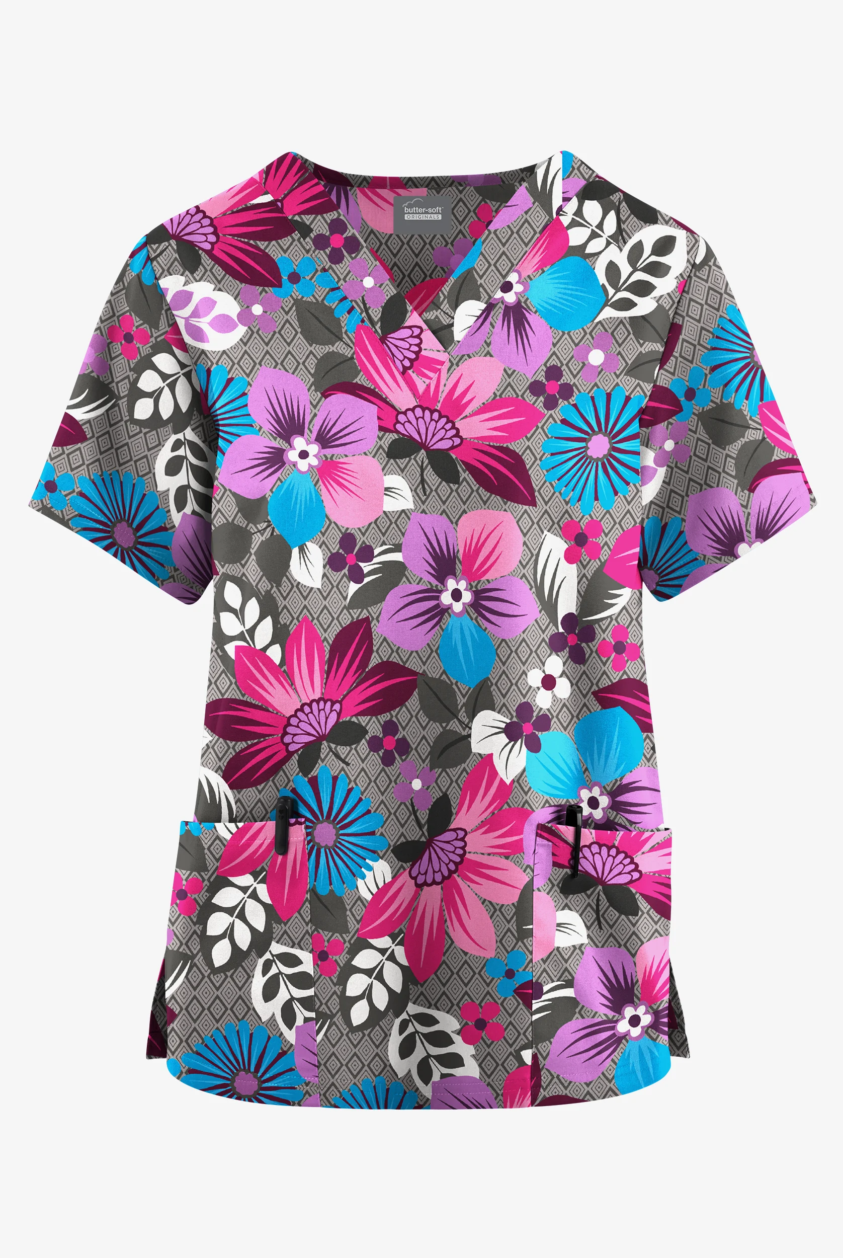 Butter-Soft Originals Maui Floral Pewter Women's 2-Pocket V-Neck Print Scrub Top
