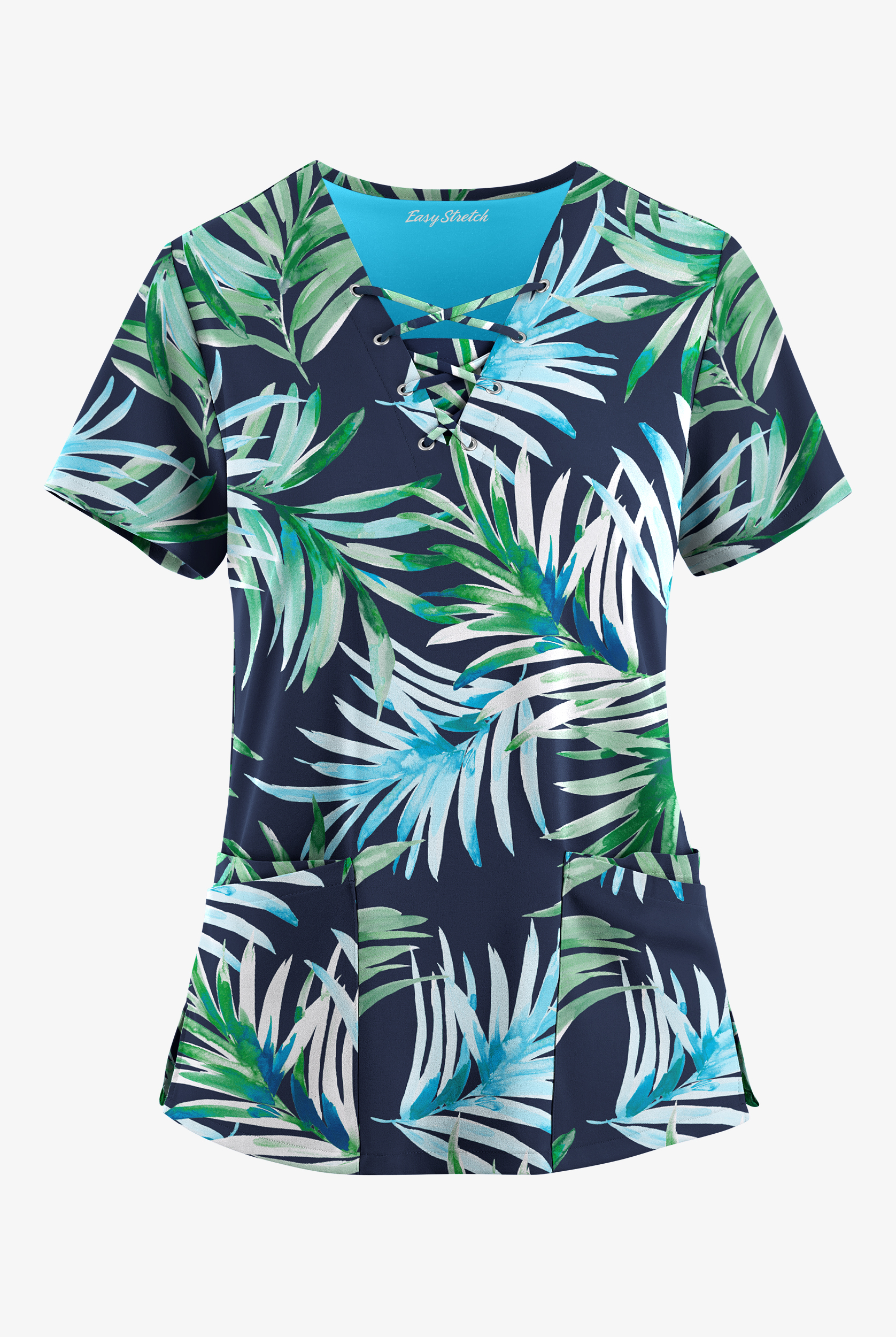 Easy STRETCH Flower Splash Navy Women's 4-Pocket Lace Up V-Neck Print Scrub Top
