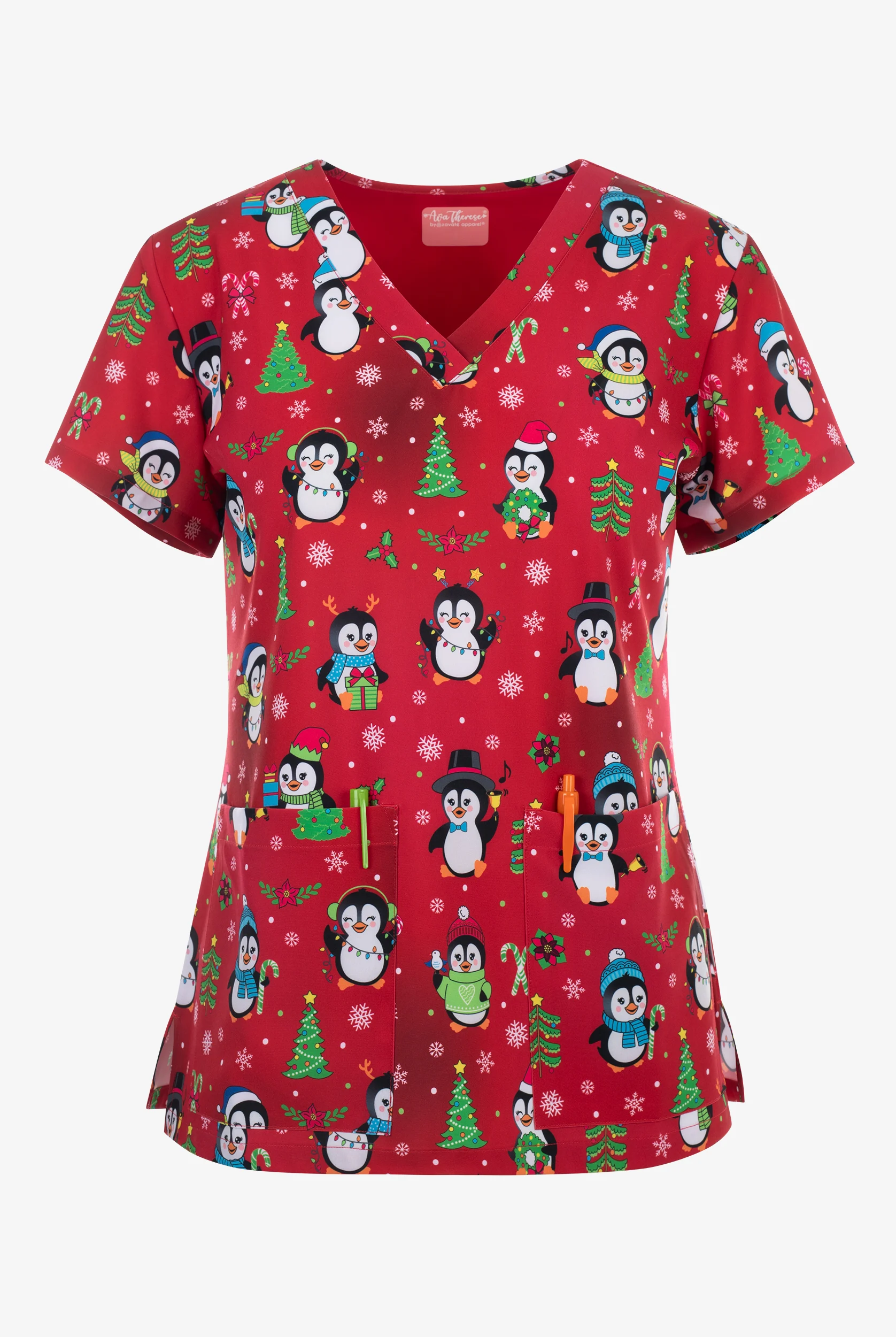 Zavate Ava Therese Penguin Cheer Women's 2-Pocket STRETCH V-Neck Print Scrub Top
