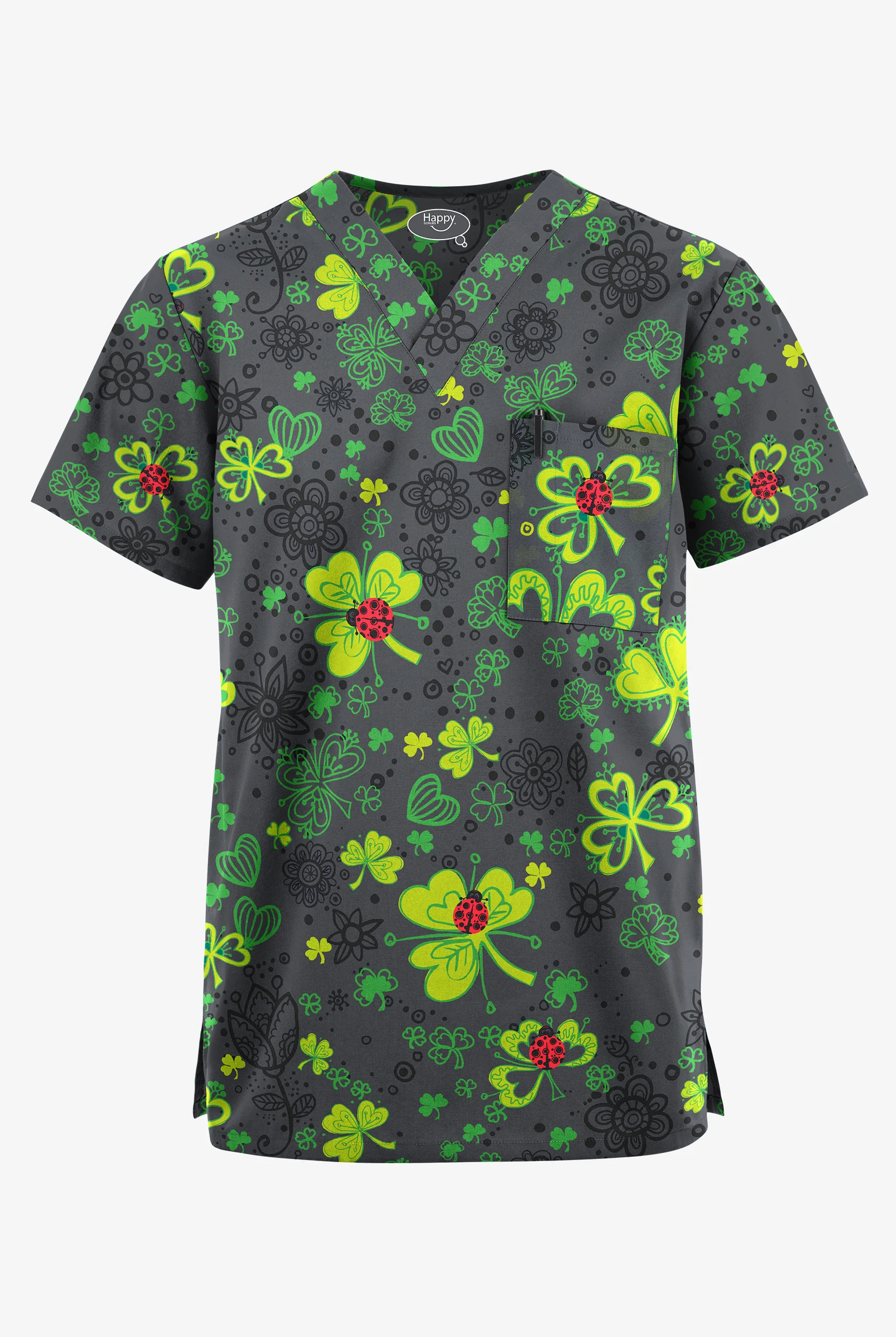 Happy Scrubs Ladies & Clovers Pewter Unisex 2-Pocket V-Neck Print Scrub Top