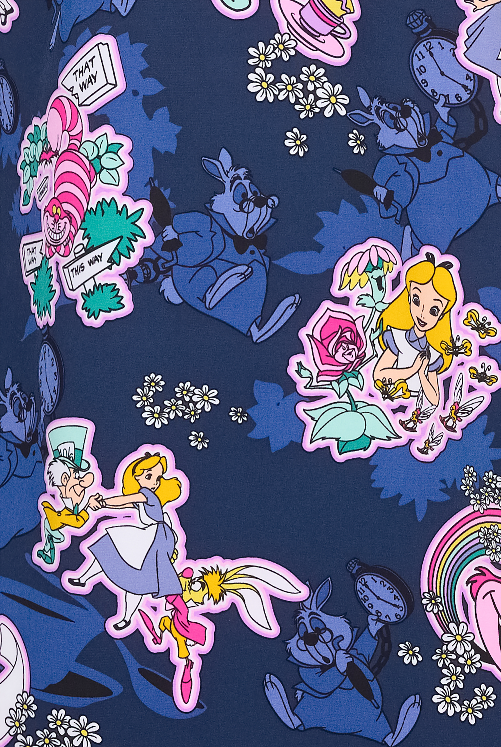 Tooniforms Alice In Wonderland Wonderous Flowers Women's 2-Pocket STRETCH V-Neck Print Scrub Top