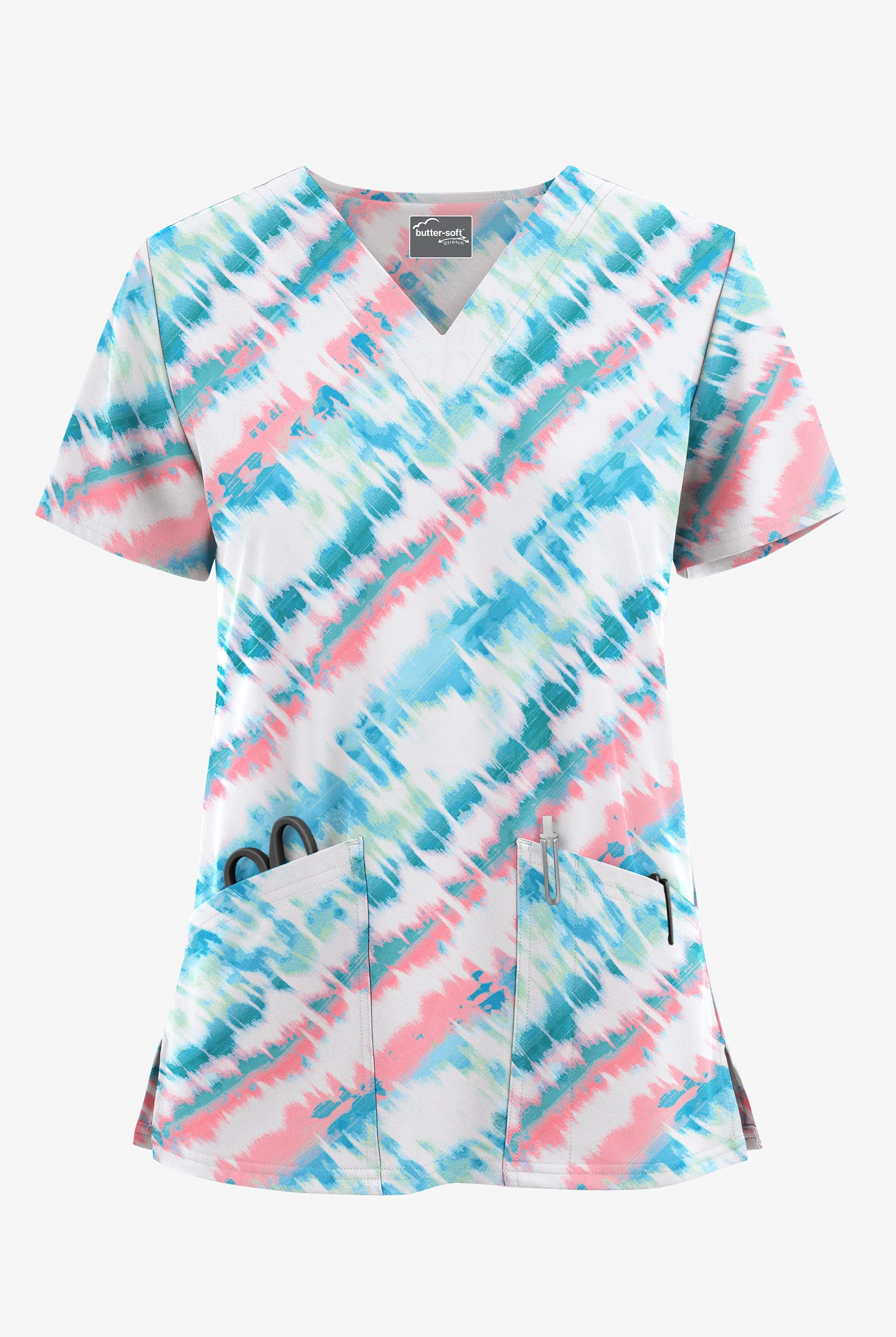 Butter-Soft STRETCH Belize Ikat Women's 2-Pocket V-Neck Print Scrub Top