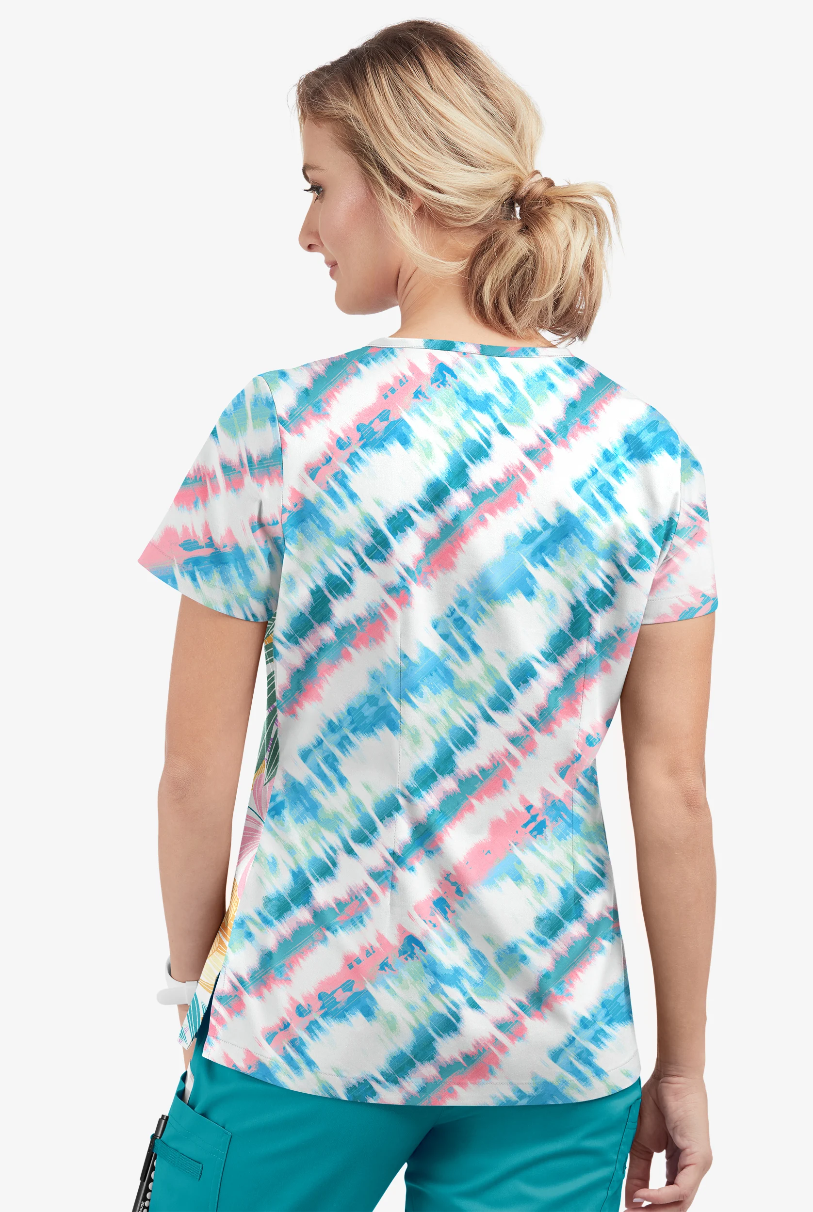 Butter-Soft STRETCH Tropical Mix & Belize Ikat Women's 1-Pocket Tuck-In V-Neck Mixed Print Scrub Top