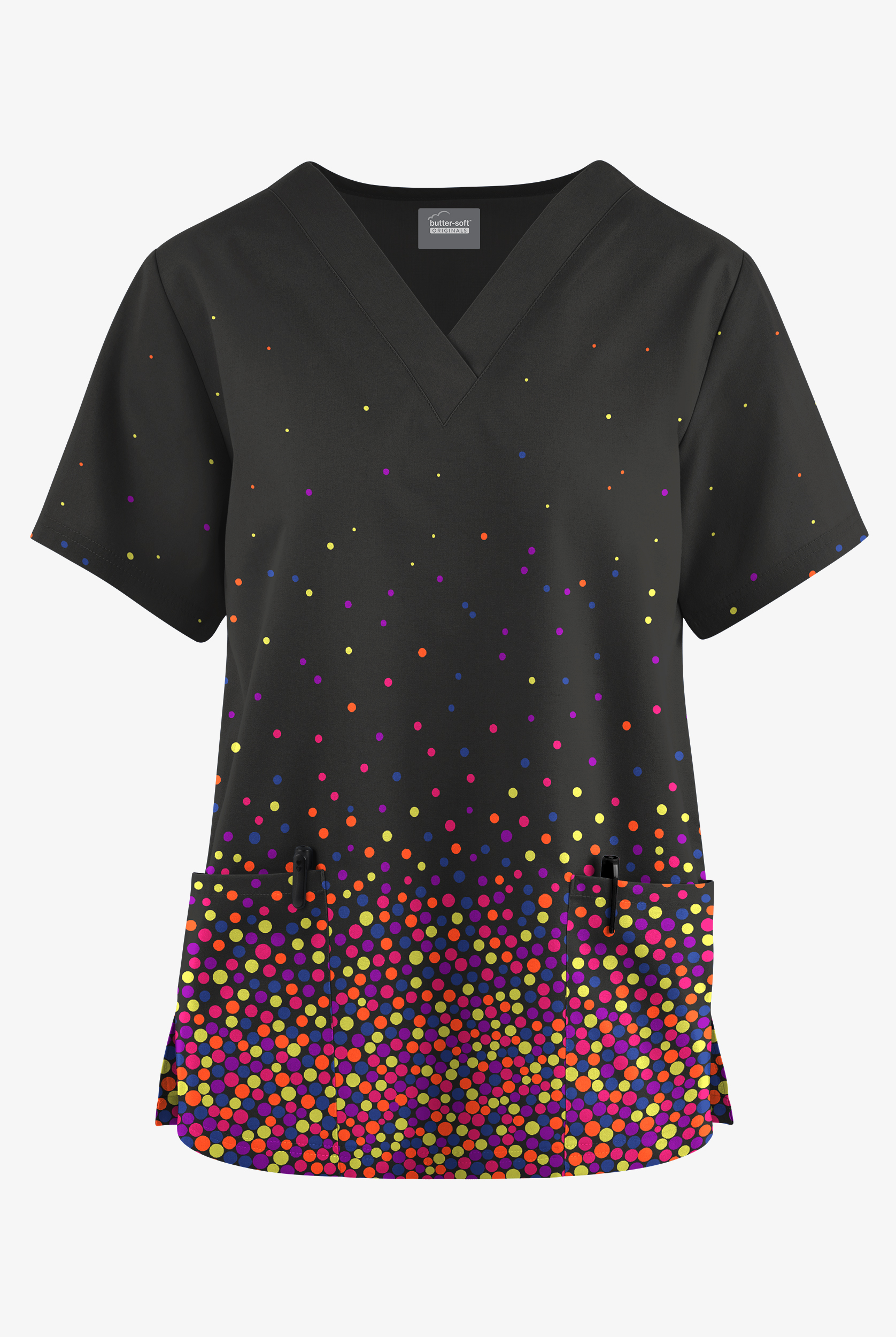 Blusa médica estampada Butter-Soft Originals Gradient Pixels Black con cuello en V y 2 bolsillos para mujer
