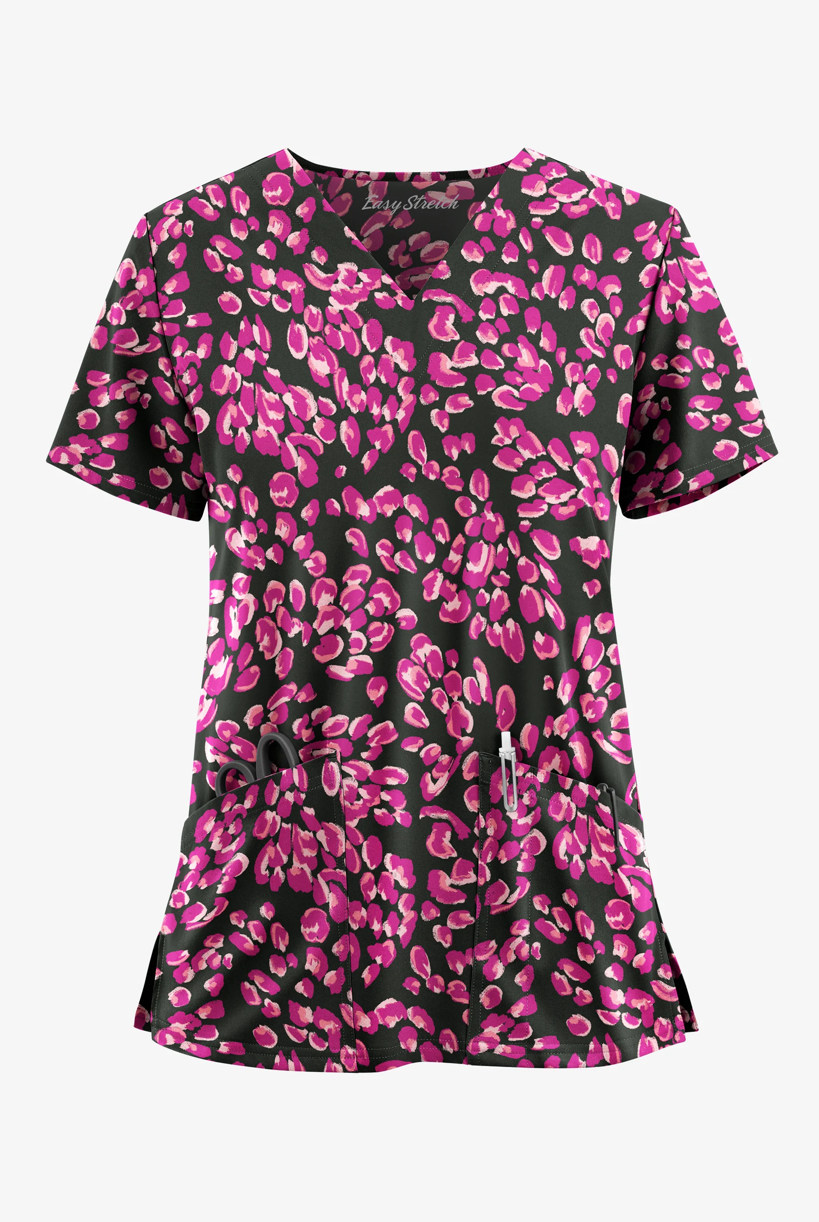 Easy STRETCH Modern Cheetah Pewter Women's 2-Pocket V-Neck Print Scrub Top