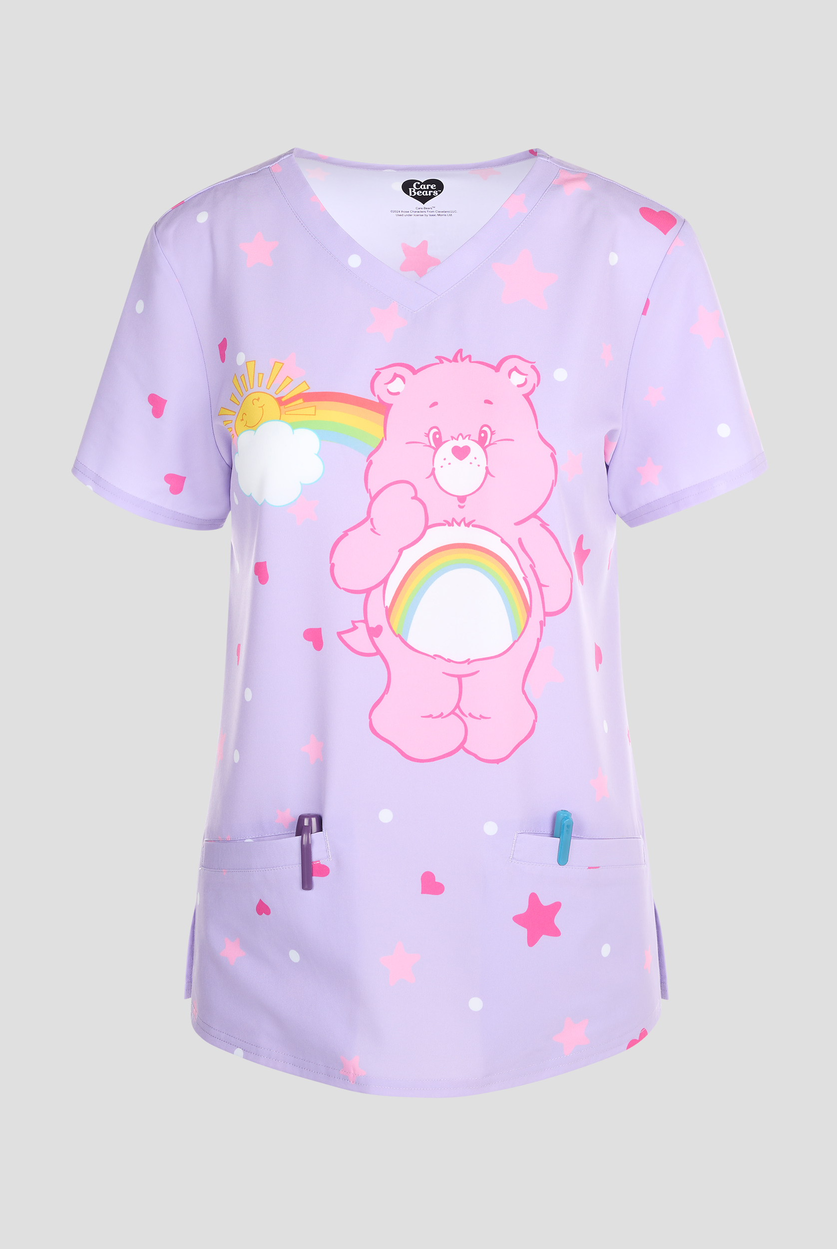 Carebears Rainbow 2.0 by Funscrubs Women's 2-Pocket STRETCH V-Neck Print Scrub Top