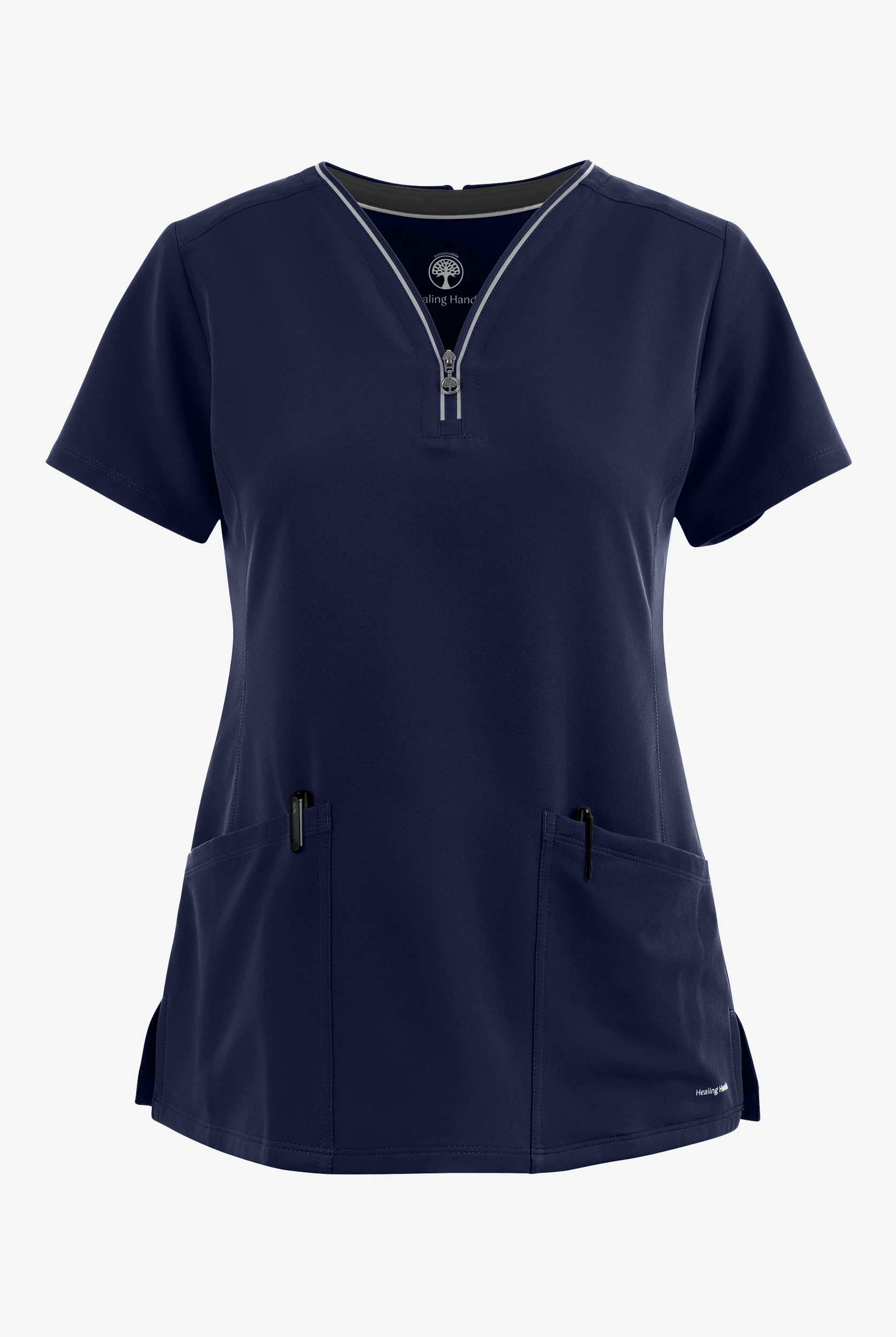Healing Hands 360 Sonia Women's 3-Pocket STRETCH Reflective Y-Neck Zip Scrub Top