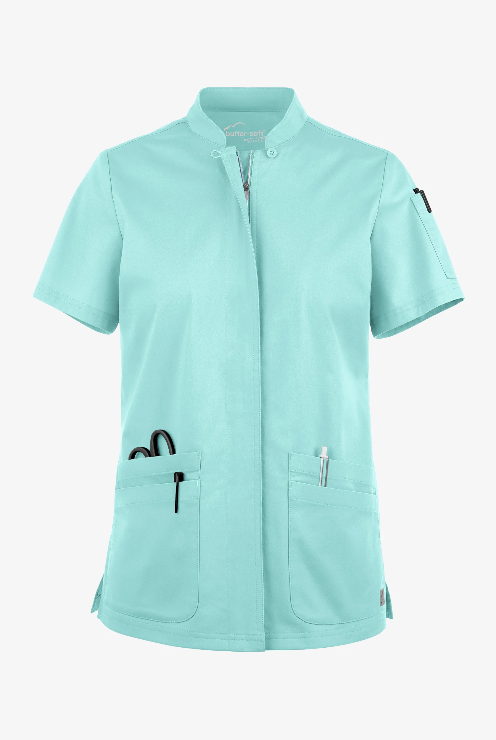 Butter-Soft STRETCH Women's 6-Pocket Collar Neck Zip Front Scrub Top