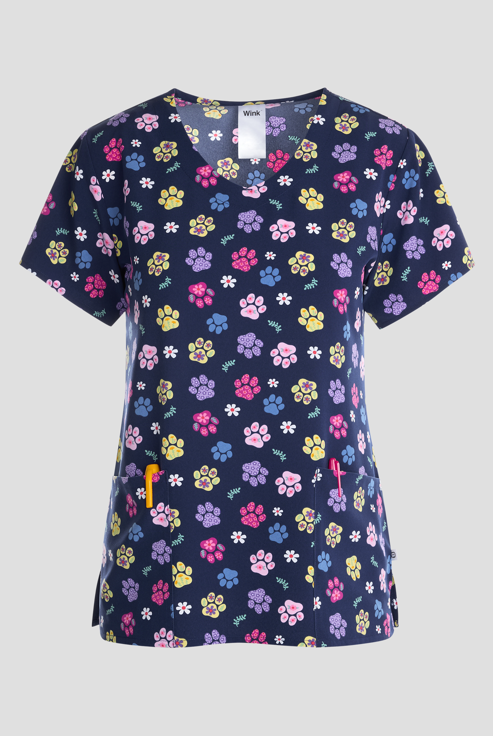 Wink Springtime Stroll Paws Women's 2-Pocket STRETCH V- Neck Print Scrub Top