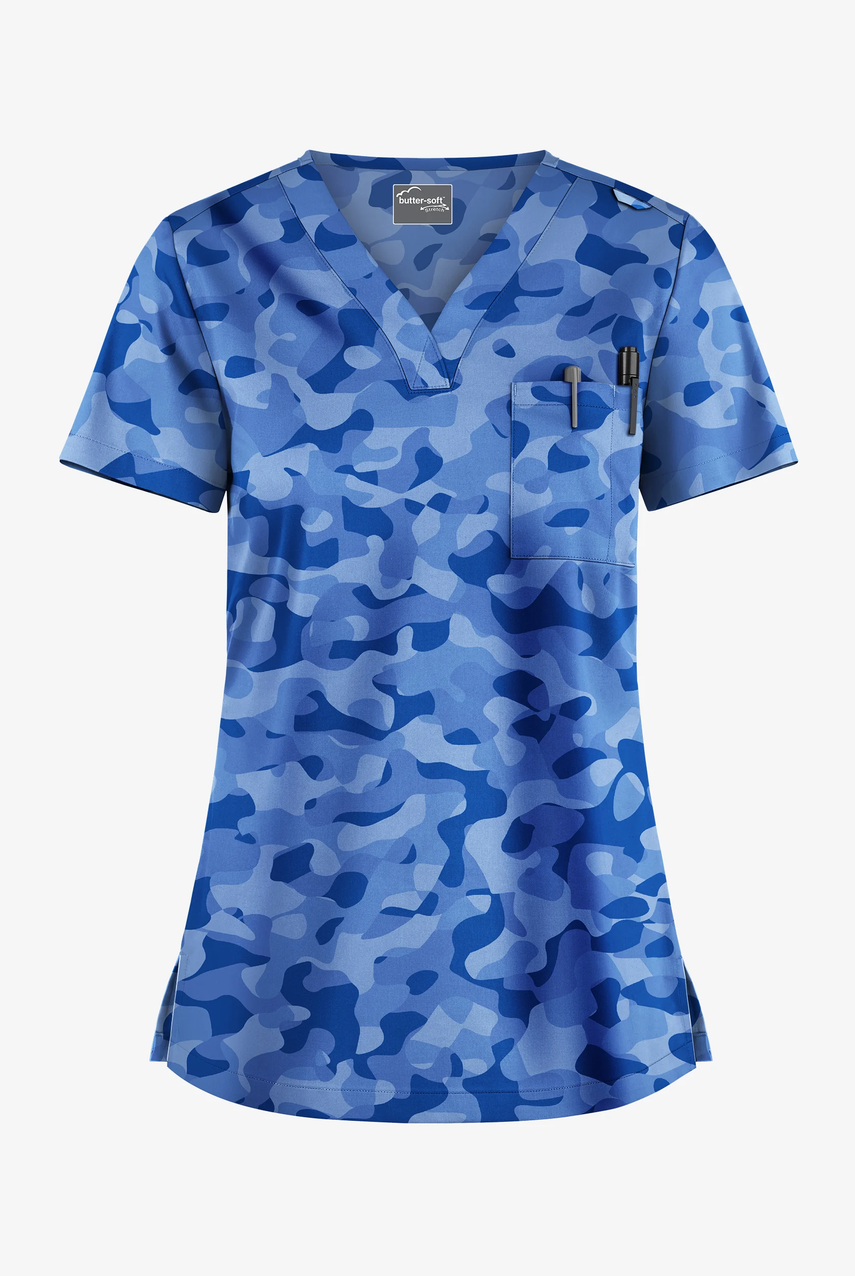 Blusa médica estampada Butter-Soft STRETCH Camo Puzzle Royal con cuello en V y 1 bolsillo para mujer