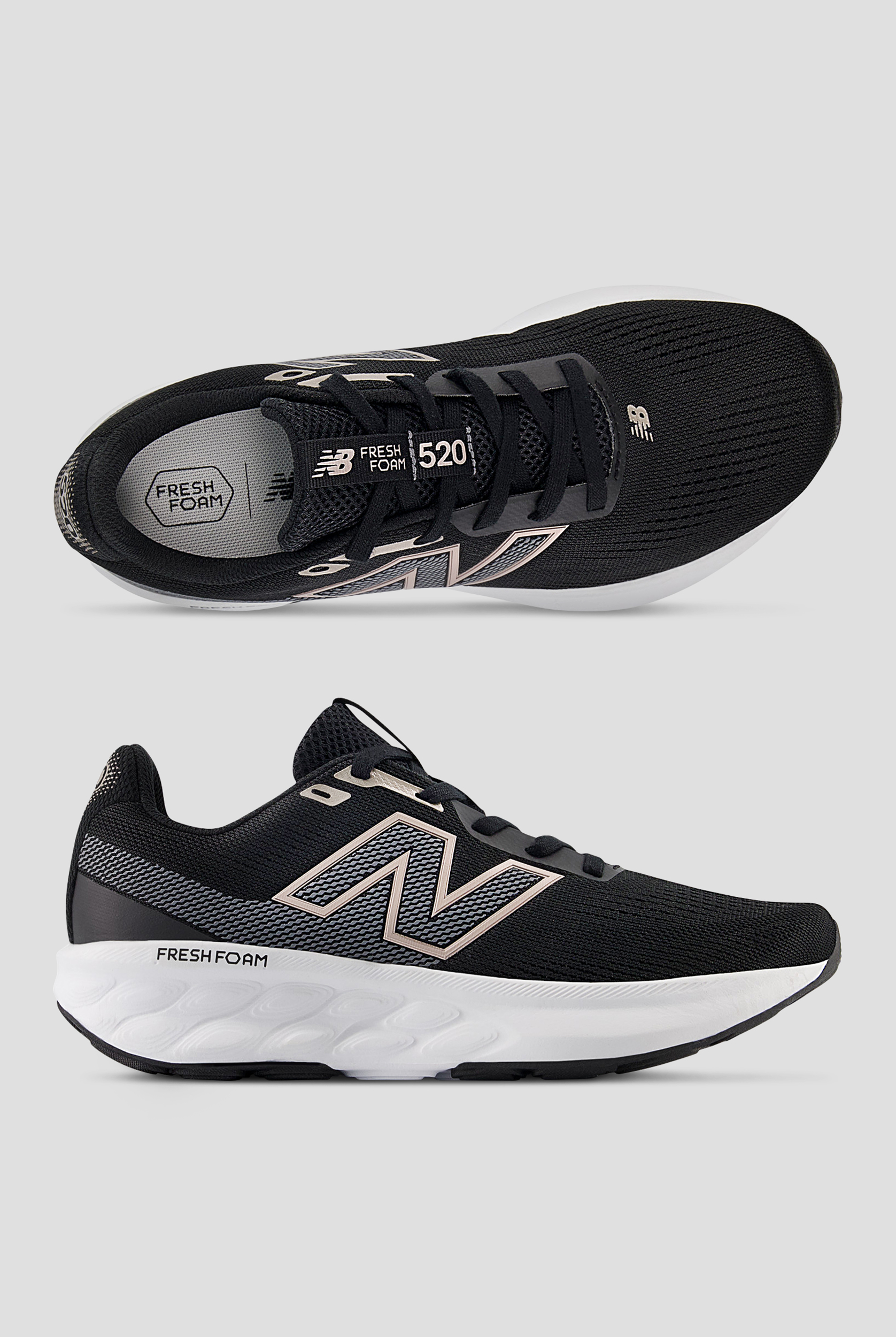 New Balance Women's Fresh Foam 520 Black White Champagne Metallic Athletic Lace Up Shoes
