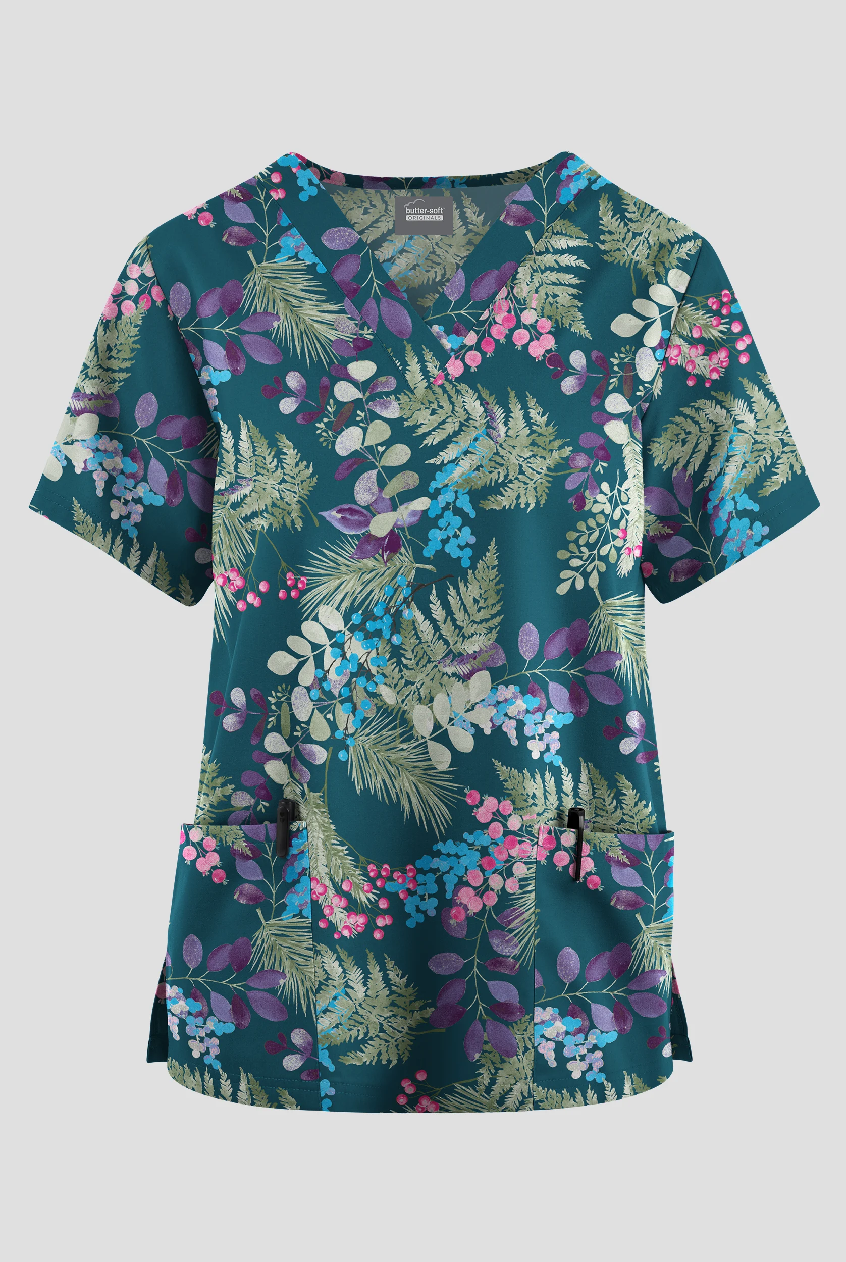 Butter-Soft Originals Forest Fern Caribbean Blue Women's 2-Pocket V-Neck Print Scrub Top