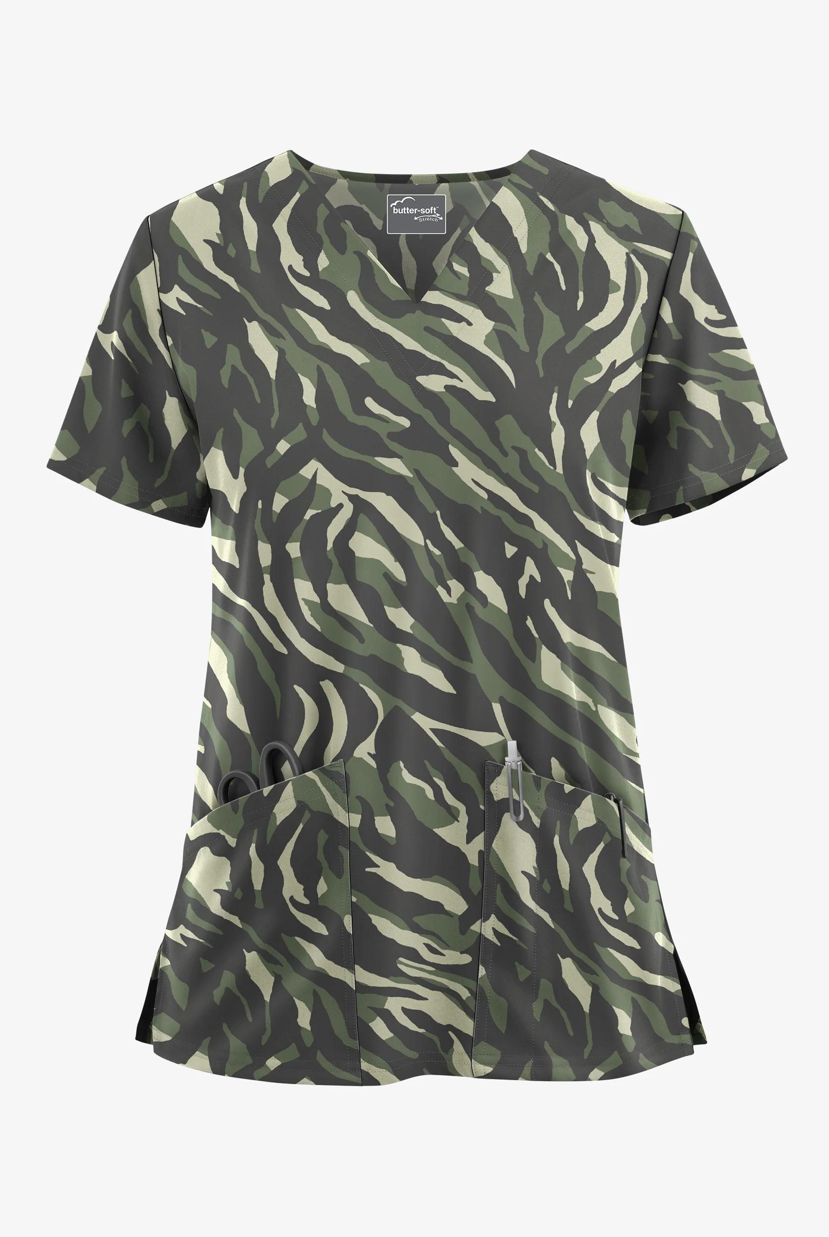 Blusa médica estampada Butter-Soft STRETCH Zebra Camo Pewter con cuello en V y 2 bolsillos para mujer