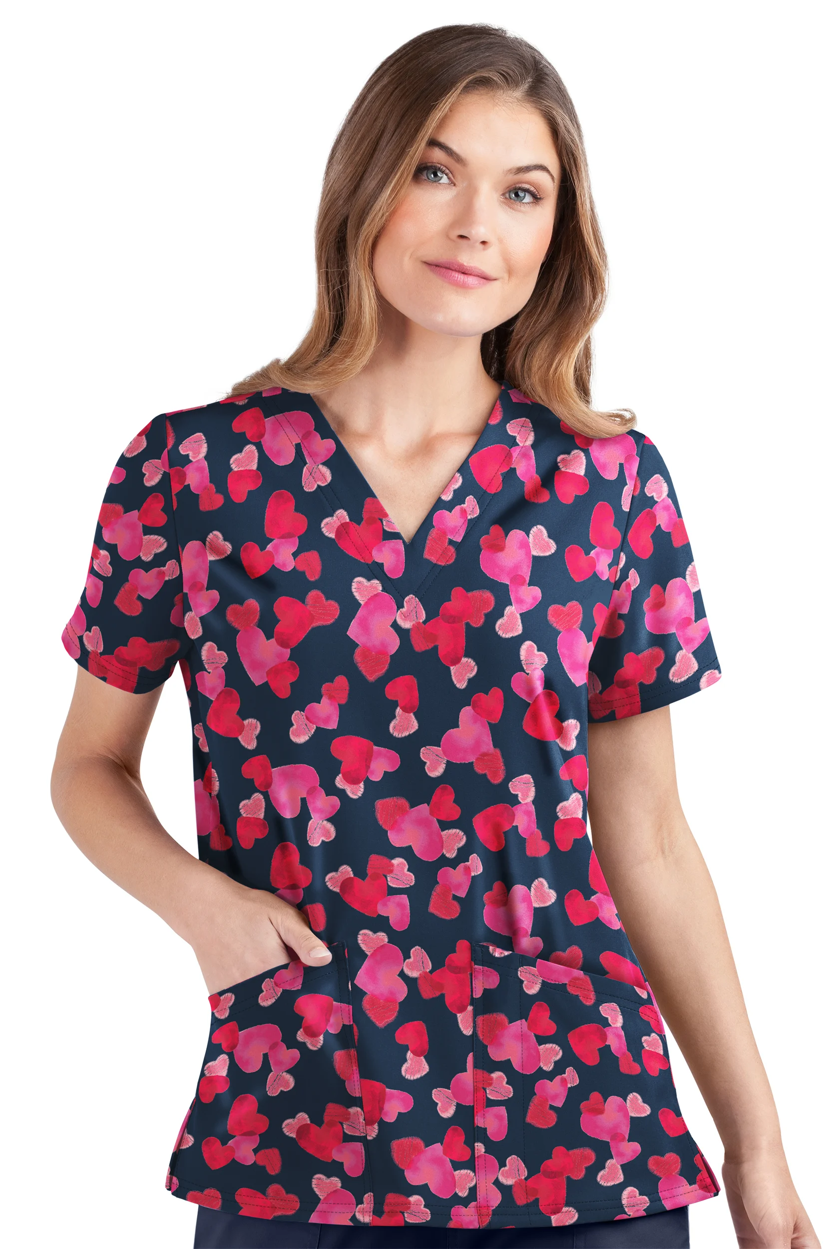 Strictly Scrubs STRETCH Forever Love Navy Women's 2-Pocket V-Neck Print Scrub Top