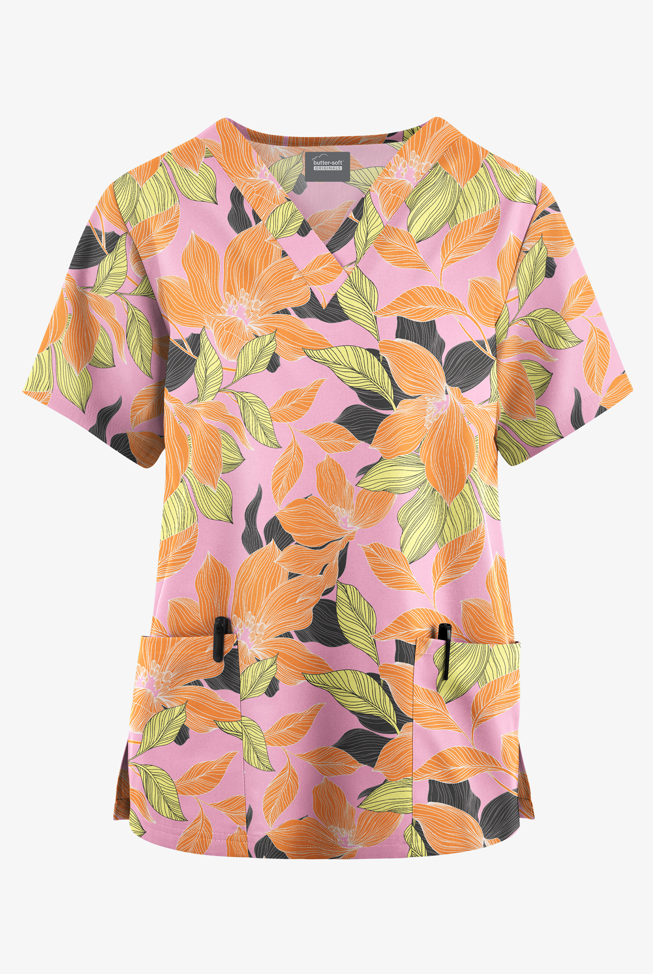 Butter-Soft Originals Lily Dreams Blush Women's 2-Pocket V-Neck Print Scrub Top