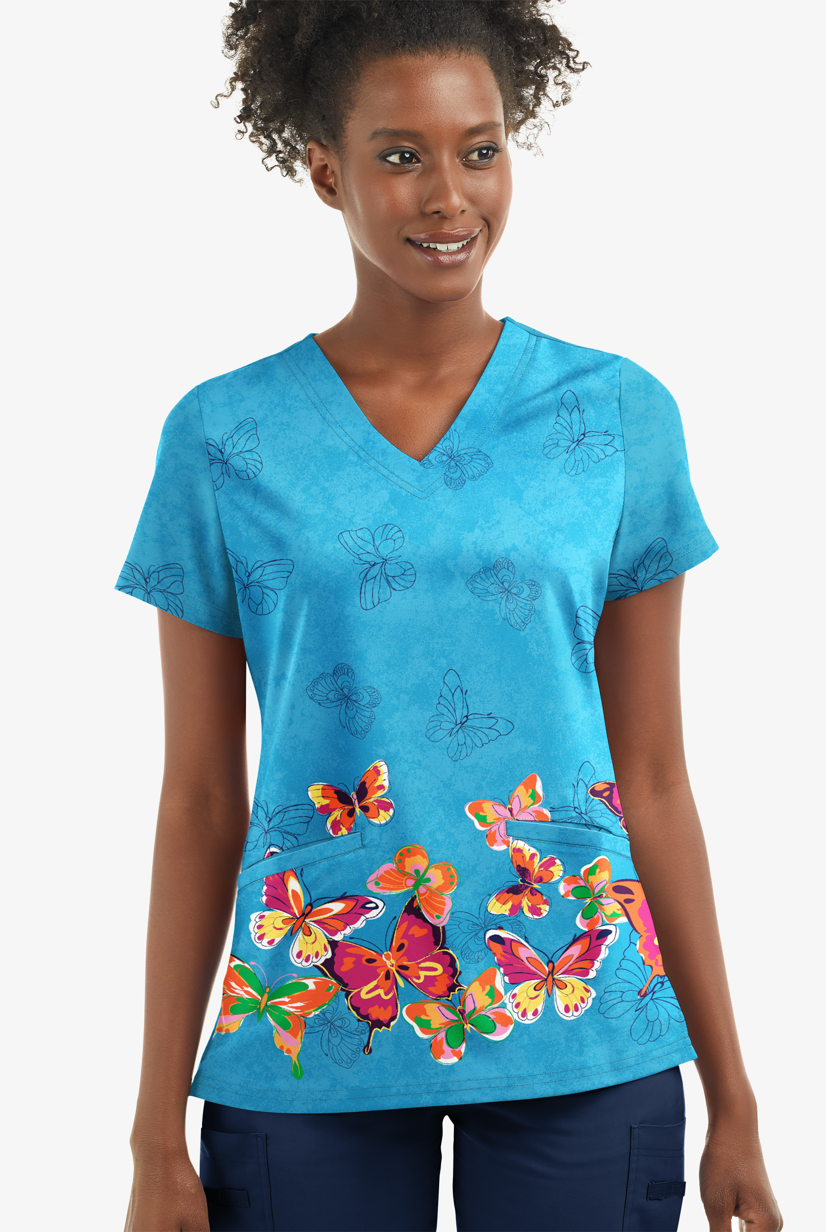 Butter-Soft STRETCH Butterfly Border Turquoise Women's 2- Pocket V-Neck Print Scrub Top