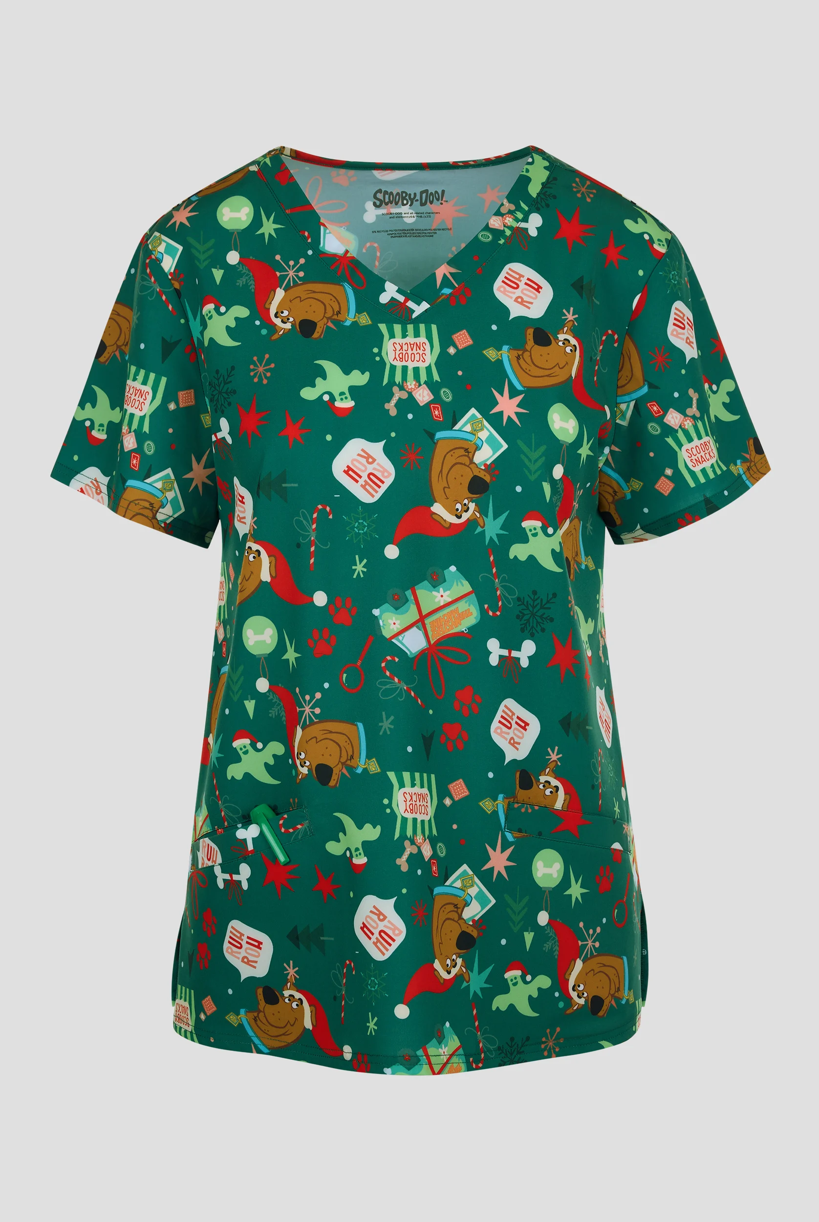 Blusa médica estampada Scooby Doo Christmas by Funscrubs STRETCH con cuello en V y 2 bolsillos para mujer