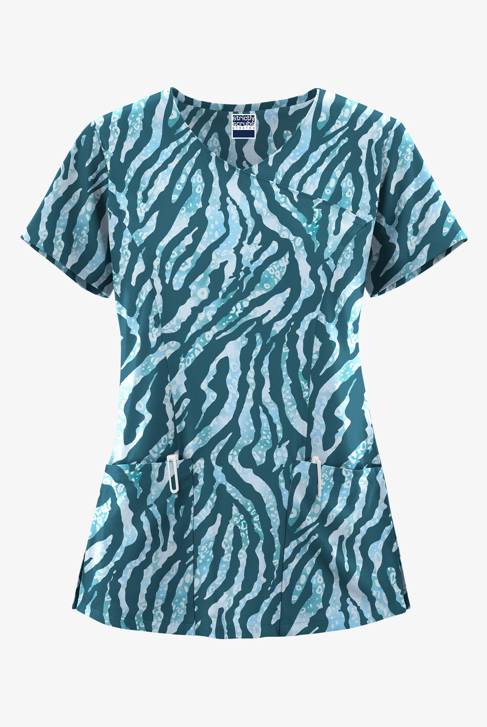 Strictly Scrubs STRETCH Tiger Fantasy Caribbean Women's 3-Pocket V-Neck Mock Wrap Print Scrub Top