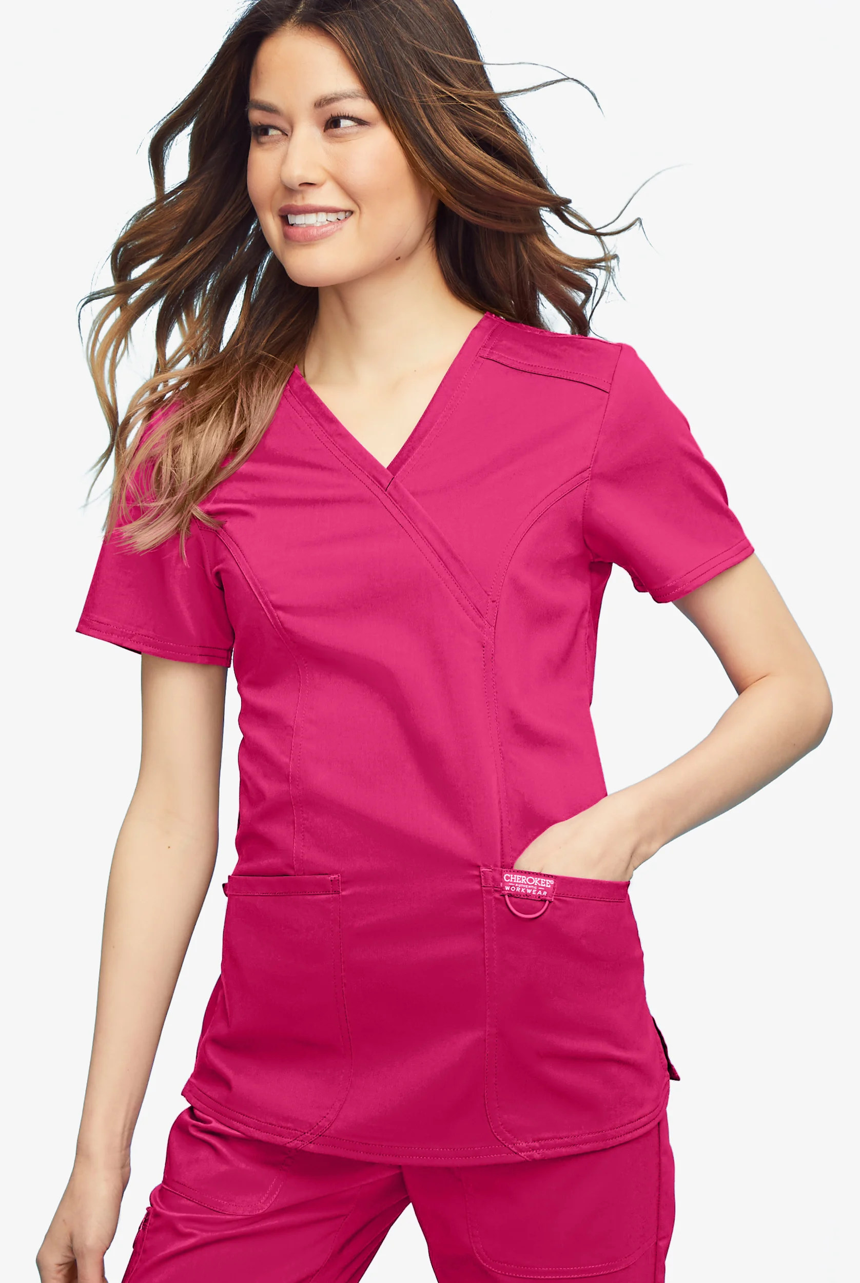 Cherokee Workwear Revolution Women's 2-Pocket STRETCH Mock Wrap Scrub Top
