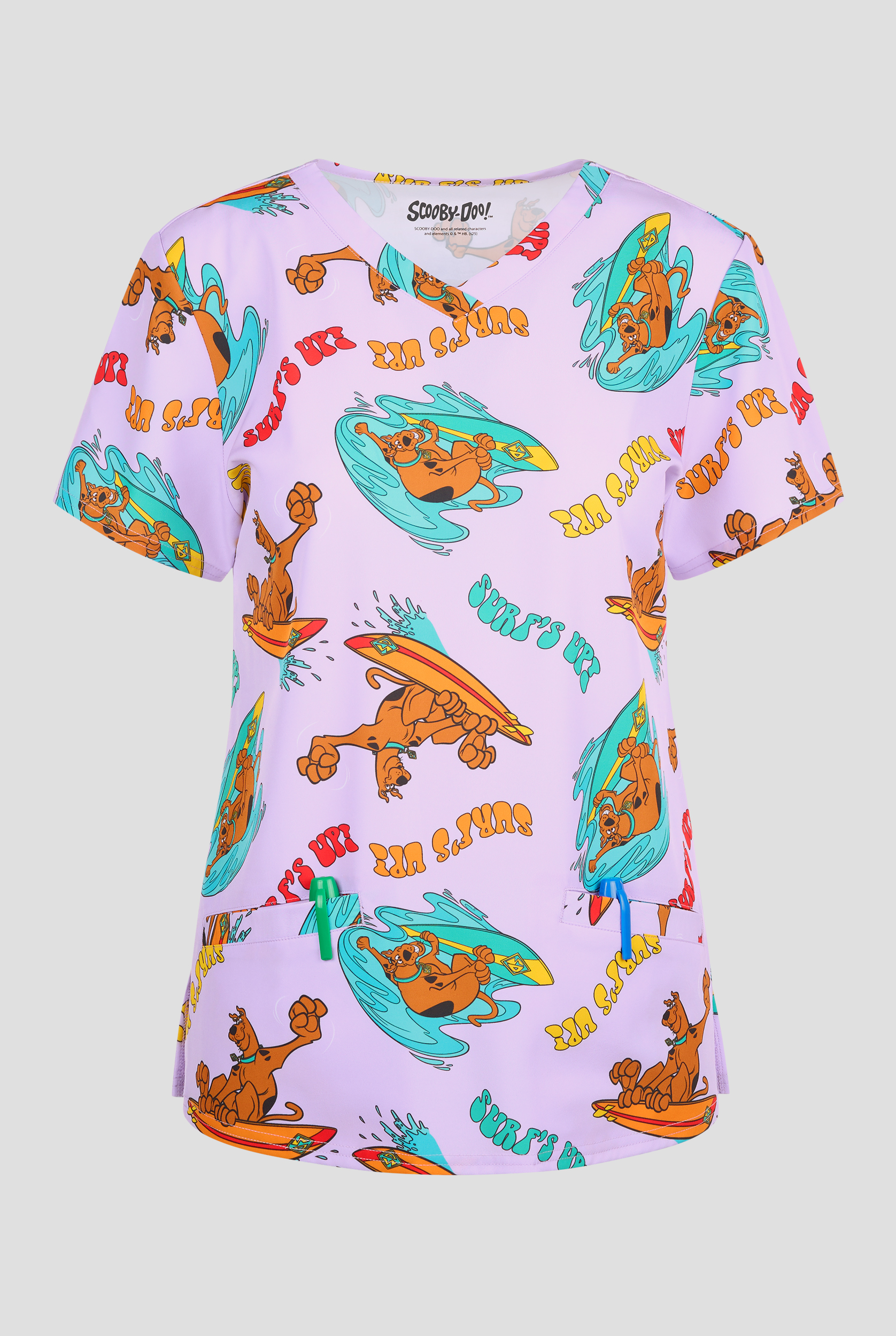 Scooby Doo Surfs Up by Funscrubs Women's 2-Pocket STRETCH V-Neck Print Scrub Top